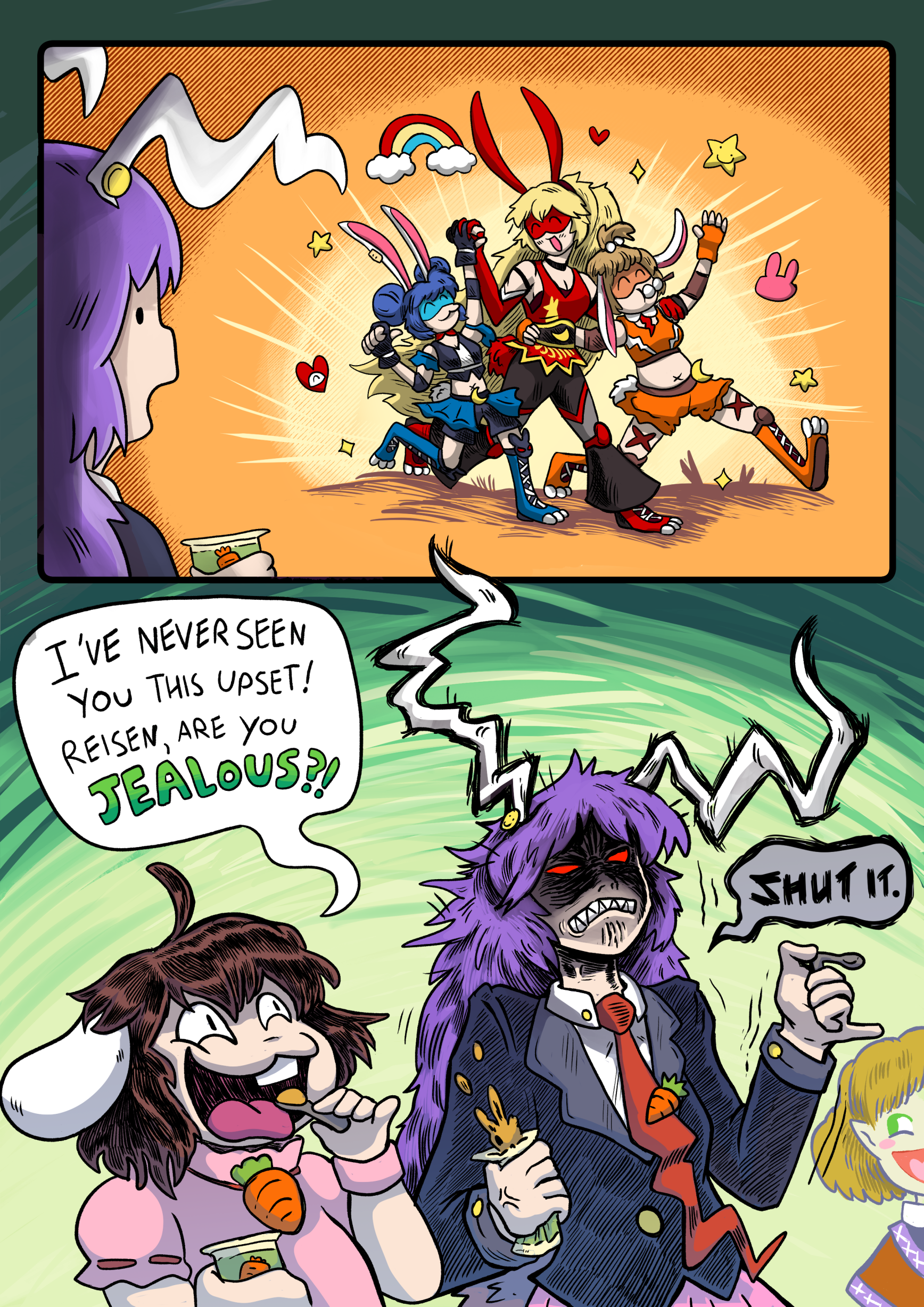 panchamon, inaba tewi, junko (touhou), mizuhashi parsee, reisen udongein inaba, ringo (touhou), seiran (touhou), touhou, touhou lostword, absurdres, commentary, english commentary, highres, 6+girls, animal ears, blazer, blonde hair, blue dress, brown hair, brown shirt, can, canned food, carrot, carrot necklace, character name, cheering, crescent, crescent pin, dango, double bun, dress, earclip, eating, finger gun, floppy ears, food, green eyes, hair bun, jacket, jealous, jewelry, long hair, moon print, multiple girls, necklace, necktie, orange shirt, pink dress, pink skirt, plump, pointy ears, purple hair, rabbit, rabbit ears, rabbit girl, rabbit tail, red eyes, red necktie, ribbon-trimmed dress, ribbon trim, sash, shirt, short hair, single wing, skirt, smug, spoon, star (symbol), star print, tail, wagashi, western comics (style), white sash, wings, wrestling outfit