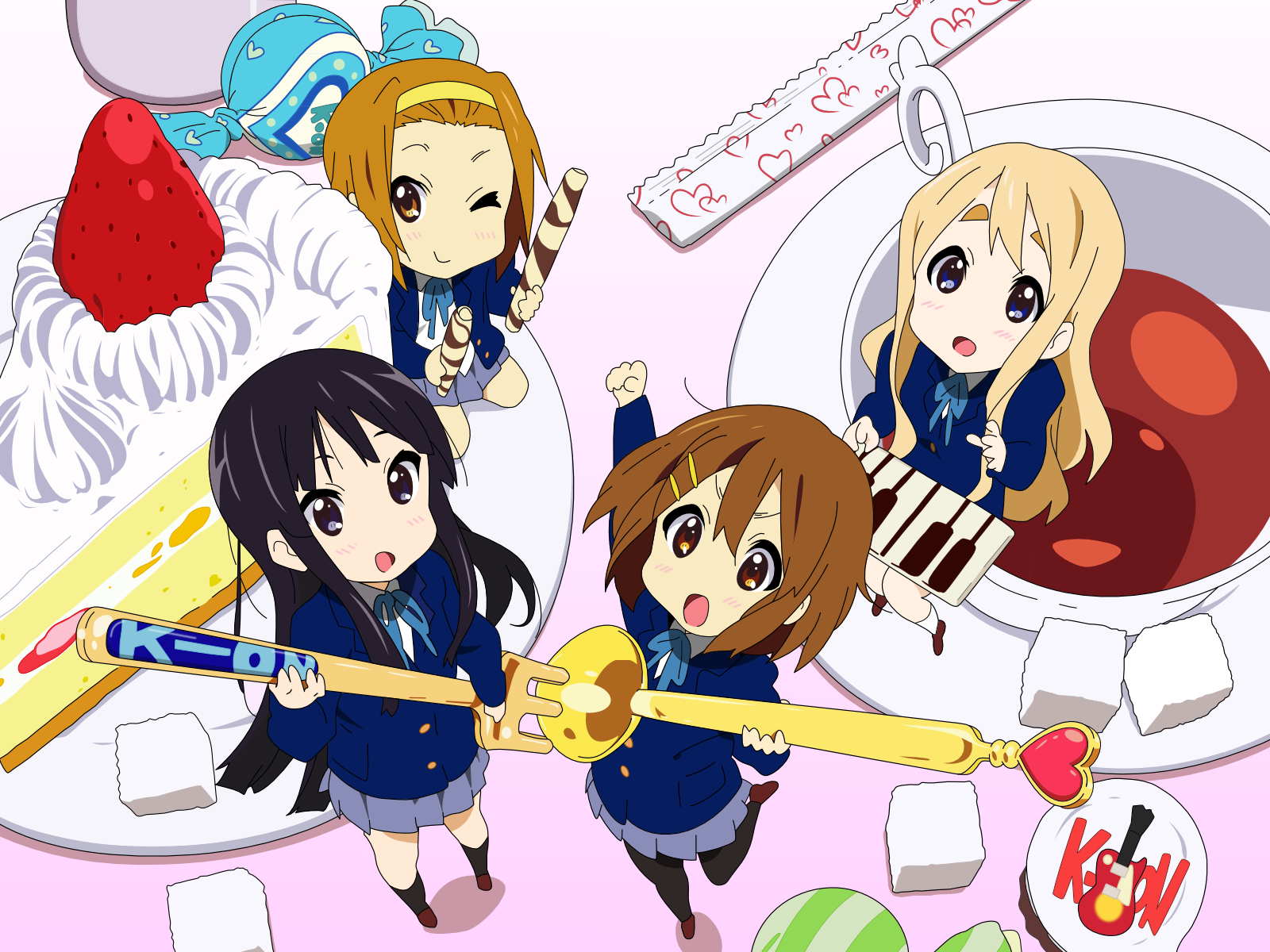 horiguchi yukiko, akiyama mio, hirasawa yui, kotobuki tsumugi, tainaka ritsu, k-on!, highres, non-web source, 00s, 4girls, cake, candy, chibi, cookie, cup, food, fork, from above, ho-kago tea time, in container, in cup, in food, mini person, minigirl, multiple girls, oversized object, pantyhose, pastry, school uniform, spoon, sugar cube, tea