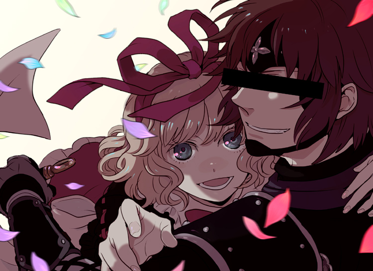 emu (losspass), kitanai ninja, medicine melancholy, final fantasy, final fantasy xi, the iron of yin and yang, touhou, 00s, 1boy, 1girl, blonde hair, blue eyes, censored, censored identity, crossover, hair ribbon, hetero, kasamatsu nobuo, ribbon