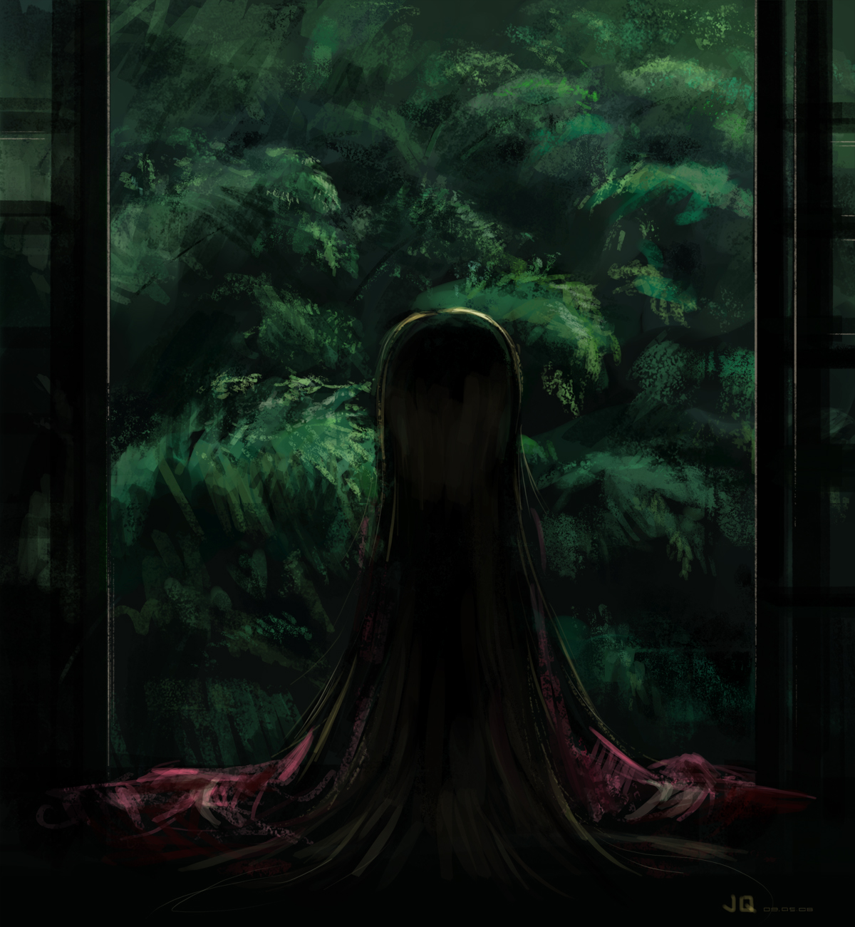 jq3c273, houraisan kaguya, touhou, highres, 1girl, back, black hair, dark, female focus, forest, from behind, long hair, nature, sitting, solo, tree, very long hair