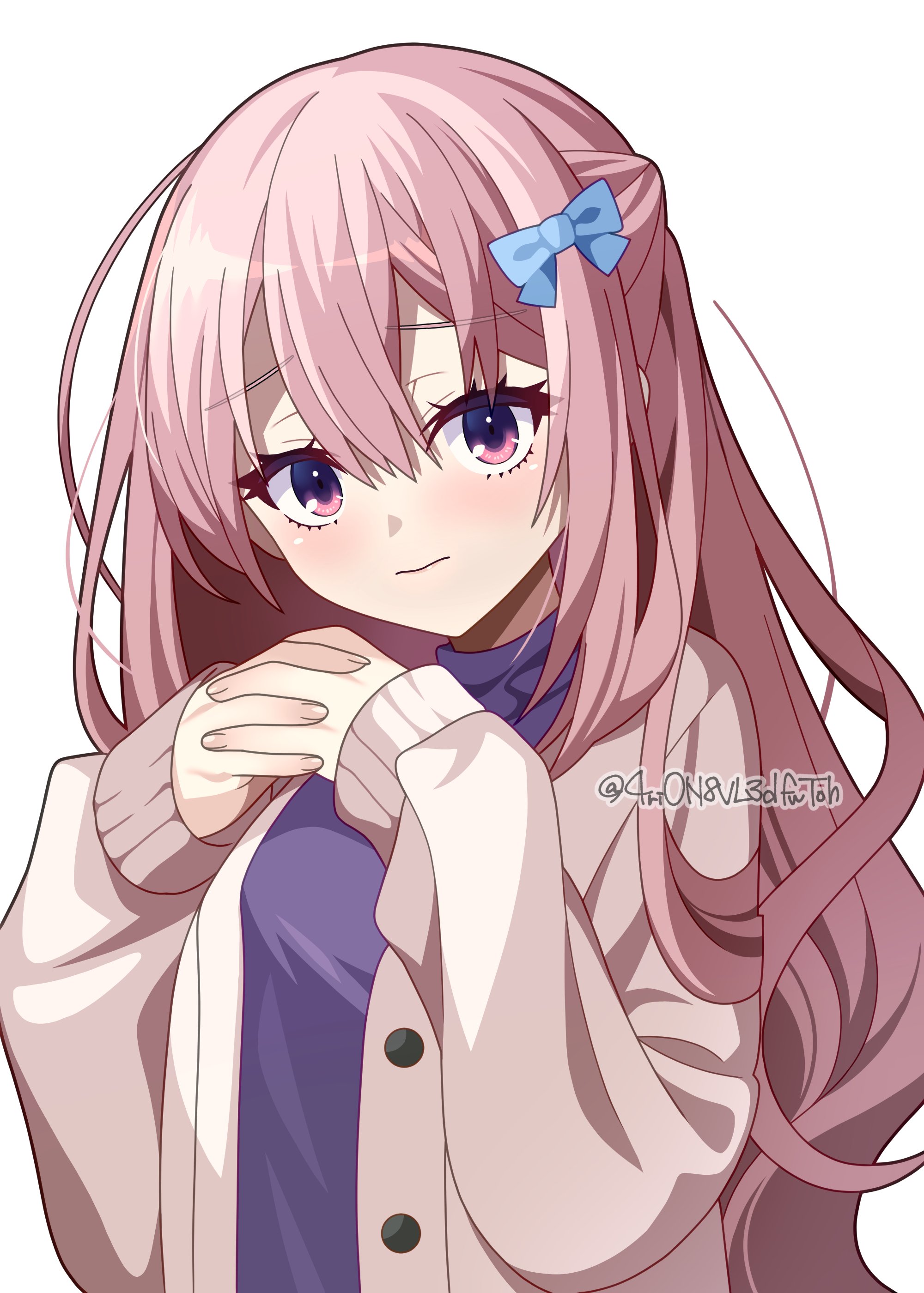 4rion, limelight lemonade jam, absurdres, commentary, highres, 1girl, 3:, blue bow, blush, bow, brown cardigan, cardigan, closed mouth, eyelashes, furrowed brow, hair between eyes, hair bow, hands up, harumi ena, interlocked fingers, long hair, looking at viewer, open cardigan, open clothes, own hands together, pink hair, purple eyes, purple shirt, shirt, simple background, sleeves past wrists, solo, turtleneck, turtleneck shirt, twitter username, upper body, very long hair, white background