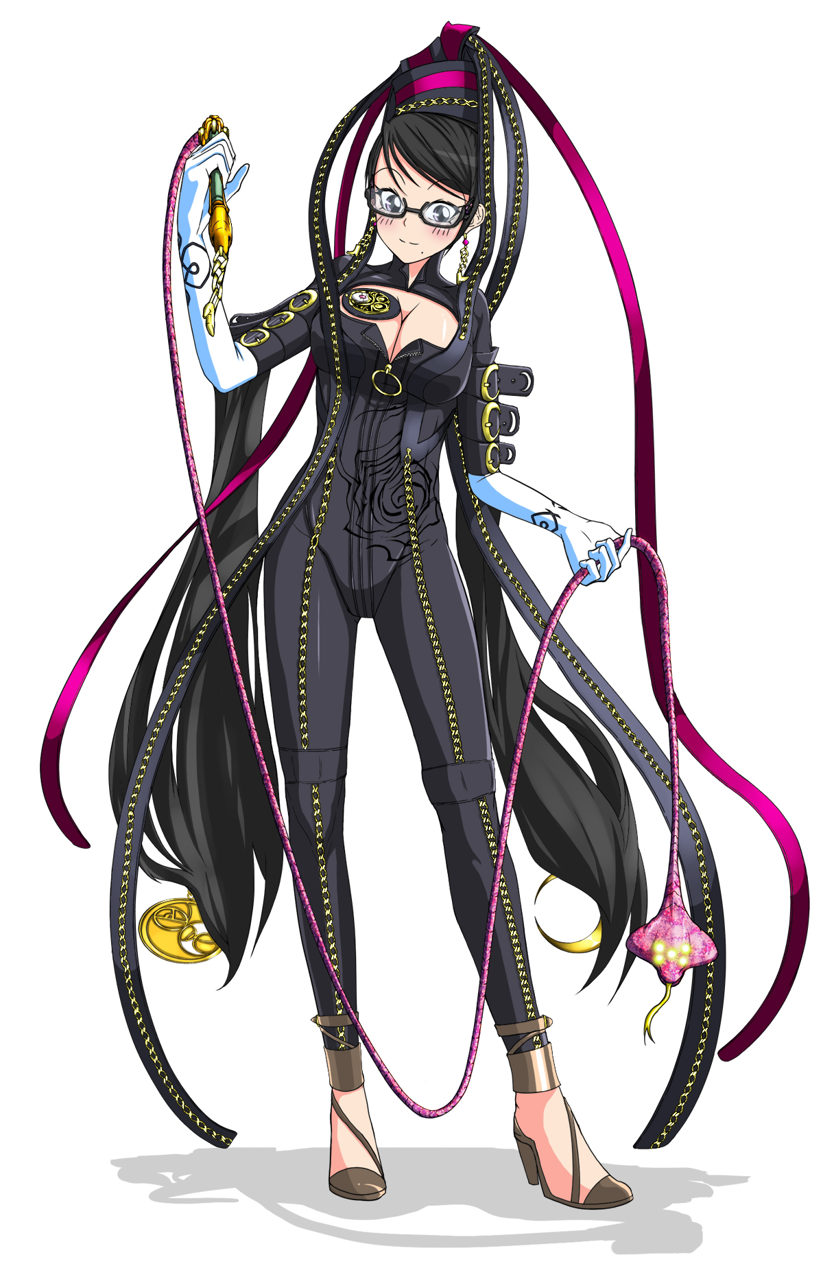 miitoban, bayonetta, kusheldra (bayonetta), bayonetta (series), bayonetta 1, bad id, bad pixiv id, highres, 1girl, black hair, blush, bodysuit, breasts, cleavage, cleavage cutout, clothing cutout, earrings, female focus, flower, full body, glasses, gloves, hair ribbon, high heels, jewelry, large breasts, legs, long hair, mole, mole under mouth, narrow waist, ribbon, shadow, shoes, simple background, smile, snake, solo, standing, very long hair, whip, white background