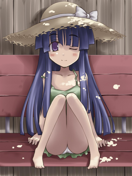 creaholic, toshihiro, furude rika, higurashi no naku koro ni, 00s, 1girl, barefoot, blue hair, dress, feet, female focus, hat, long hair, one eye closed, panties, pantyshot, purple eyes, sitting, solo, strap slip, straw hat, sundress, underwear, wink
