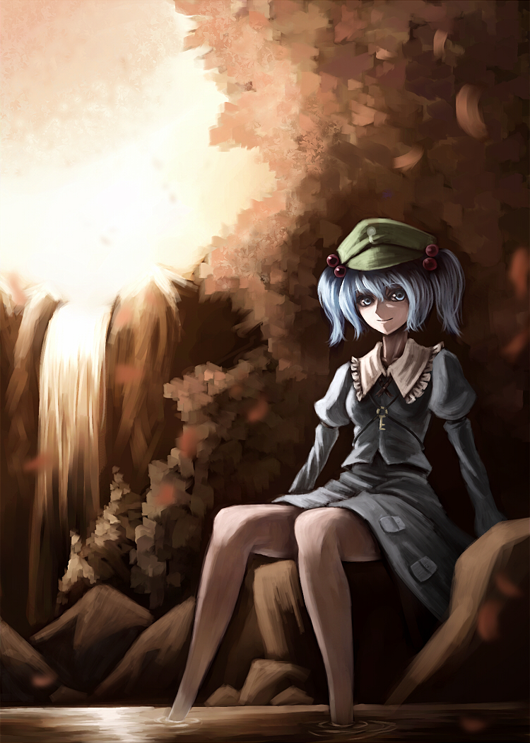 parsley-f, kawashiro nitori, touhou, bad id, bad pixiv id, 1girl, blue hair, female focus, hat, key, nature, river, short hair, sitting, soaking feet, solo, twintails, water, waterfall