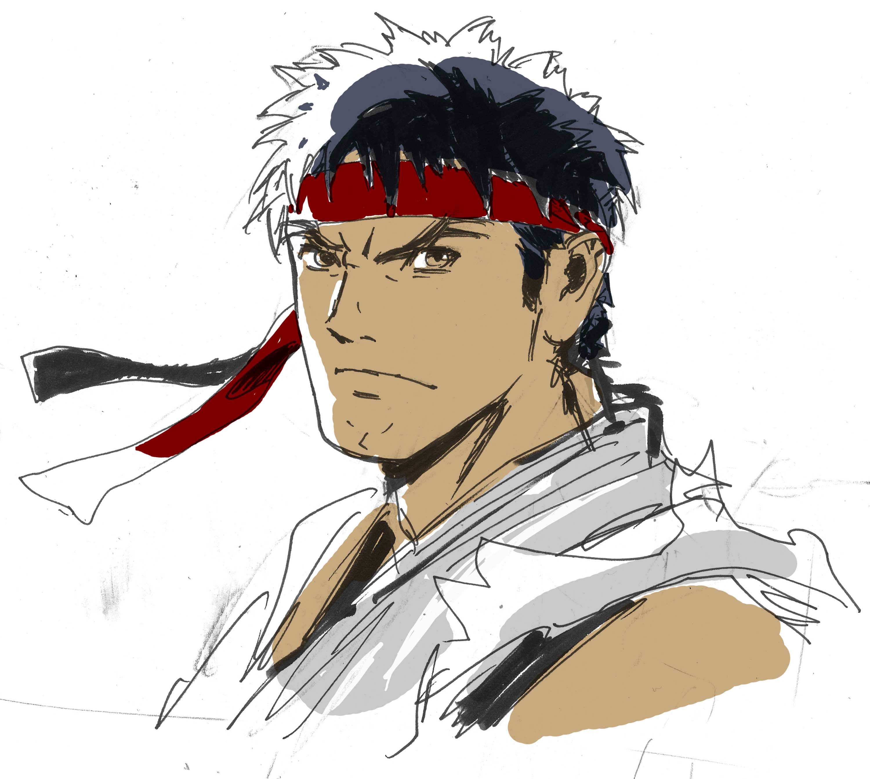 yasuda akira, ryu (street fighter), capcom, street fighter, absurdres, highres, black hair, headband, male focus, sketch, solo