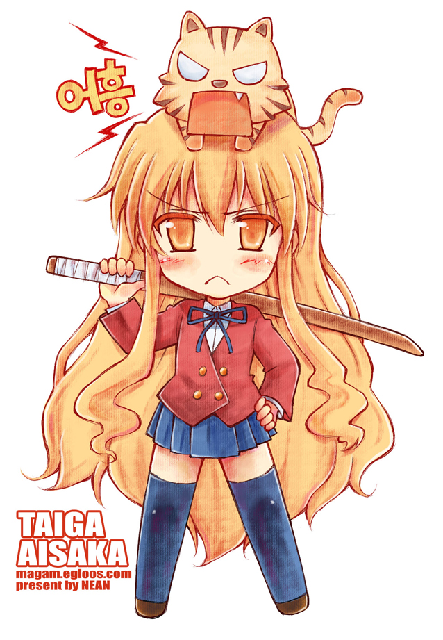 nean, aisaka taiga, palmtop tiger, toradora!, bad id, bad pixiv id, 00s, 1girl, animal, animal on head, bokken, brown eyes, brown hair, cat, cat on head, chibi, female focus, korean text, long hair, on head, school uniform, simple background, solo, sword, thighhighs, tiger, weapon, white background, wooden sword