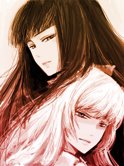 megumiya, fujiwara no mokou, houraisan kaguya, touhou, silver hair, bad id, bad pixiv id, 2girls, angry, black hair, female focus, hair ribbon, long hair, monochrome, multiple girls, pink theme, ribbon, shirt, smile, white shirt