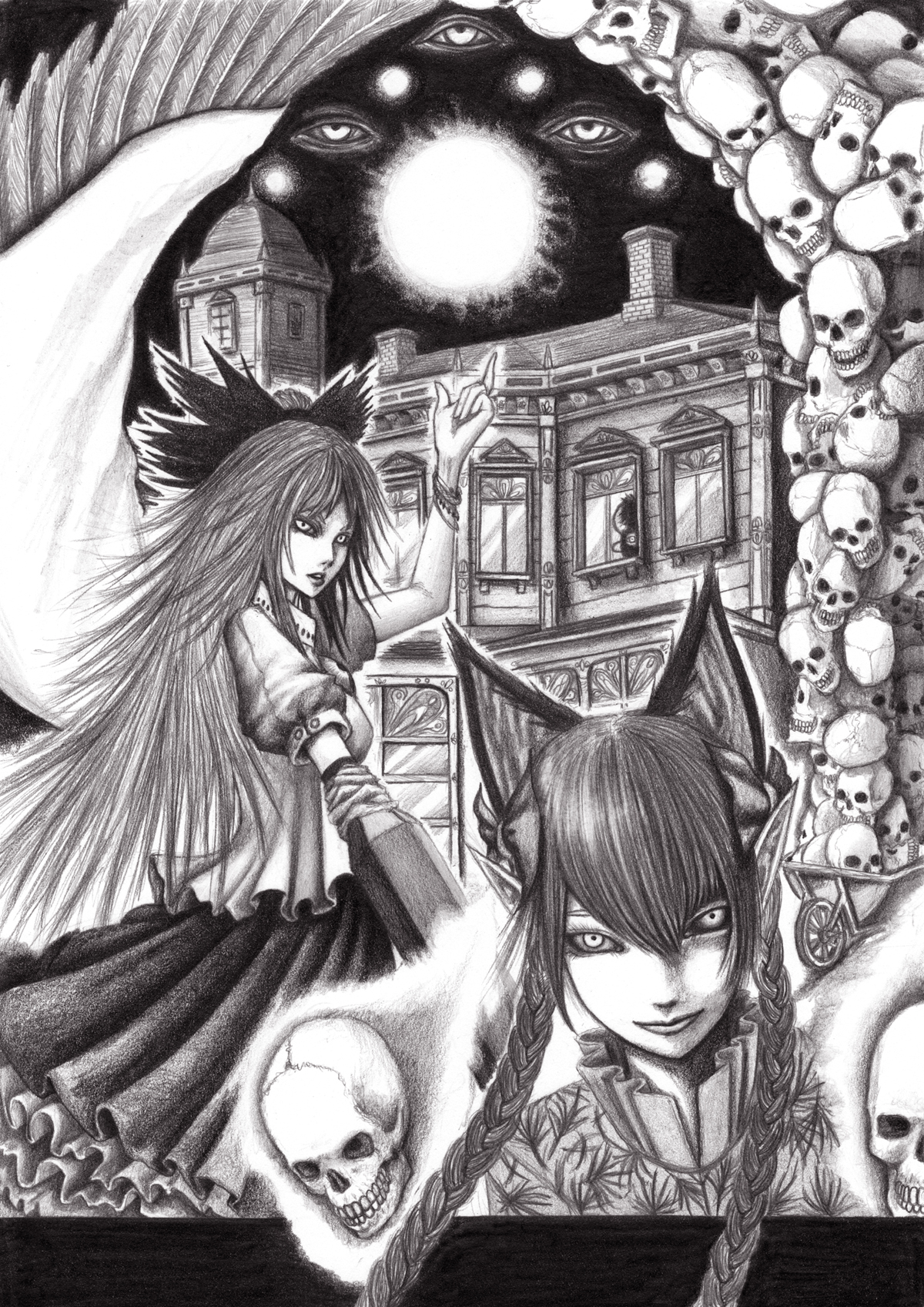 hane (azelye), kaenbyou rin, komeiji satori, reiuji utsuho, touhou, graphite (medium), highres, traditional media, 2girls, arm cannon, braid, female focus, house, monochrome, multiple girls, pointing, pointy ears, skull, sun, weapon, wheelbarrow, wings