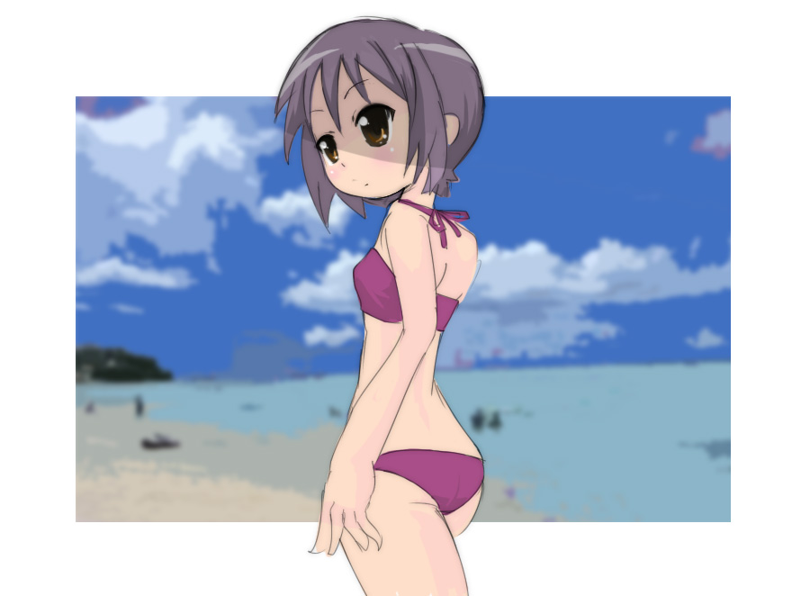 okera, nagato yuki, suzumiya haruhi no yuuutsu, md5 mismatch, 00s, 1girl, ass, bikini, brown eyes, female focus, grey hair, looking back, short hair, solo, swimsuit