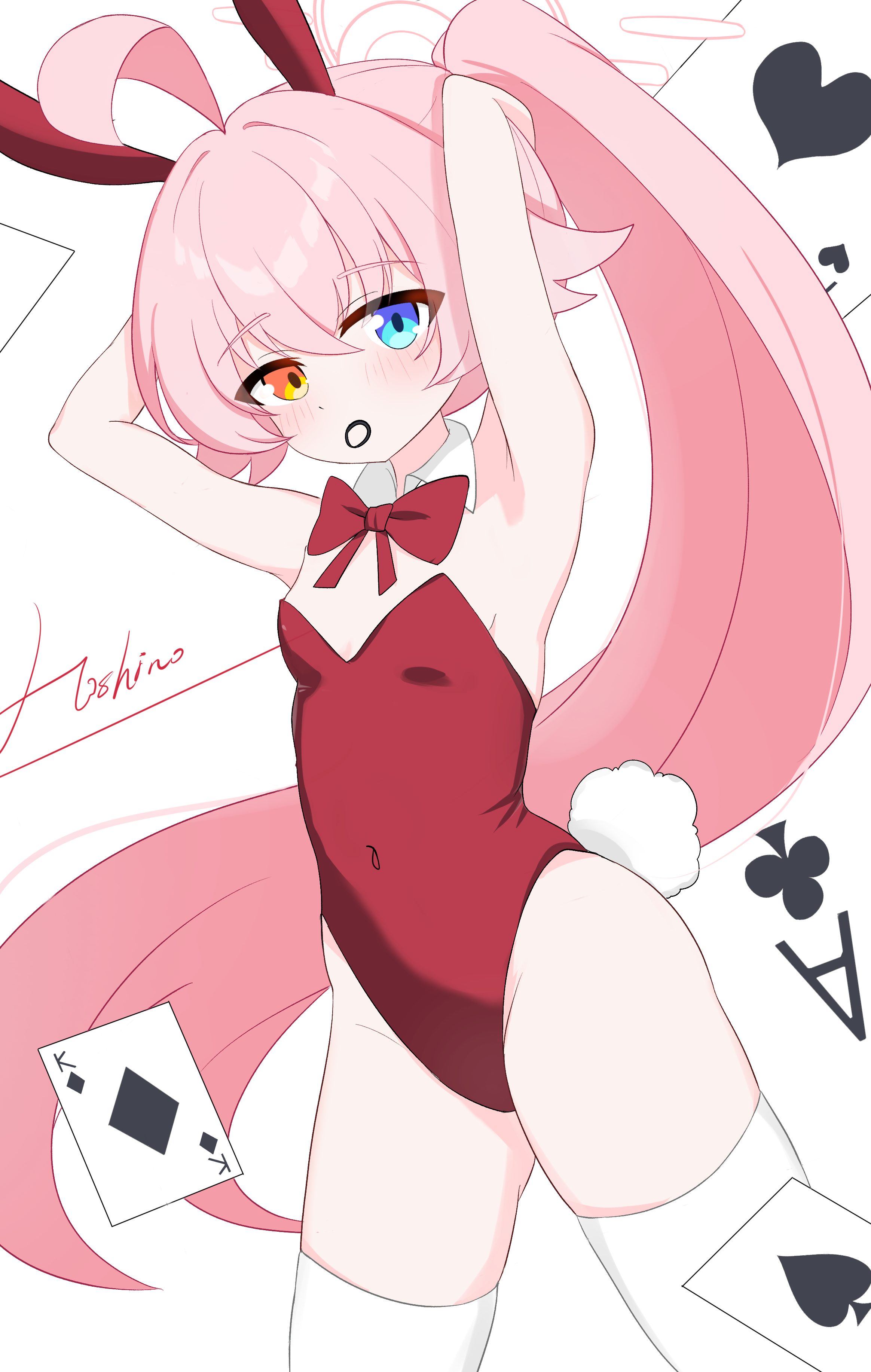 ttriwk, hoshino (blue archive), blue archive, 1girl, ahoge, alternate costume, armpits, arms behind head, blue eyes, blush, bow, bowtie, breasts, card, cleavage, covered navel, detached collar, hair tie in mouth, halo, hand in own hair, heterochromia, high ponytail, leotard, long hair, mouth hold, pink hair, playboy bunny, playing card, ponytail, rabbit ears, rabbit tail, red leotard, small breasts, solo, standing, thighhighs, very long hair, white background, white thighhighs, yellow eyes