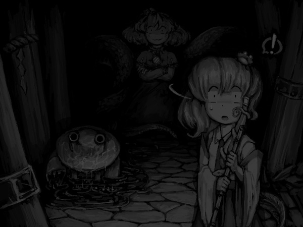 buranantoka, kochiya sanae, moriya suwako, yasaka kanako, touhou, bad id, bad pixiv id, !, 3girls, broom, crawling, crossed arms, dark, darkness, female focus, greyscale, hat, monochrome, multiple girls, surprised, wet