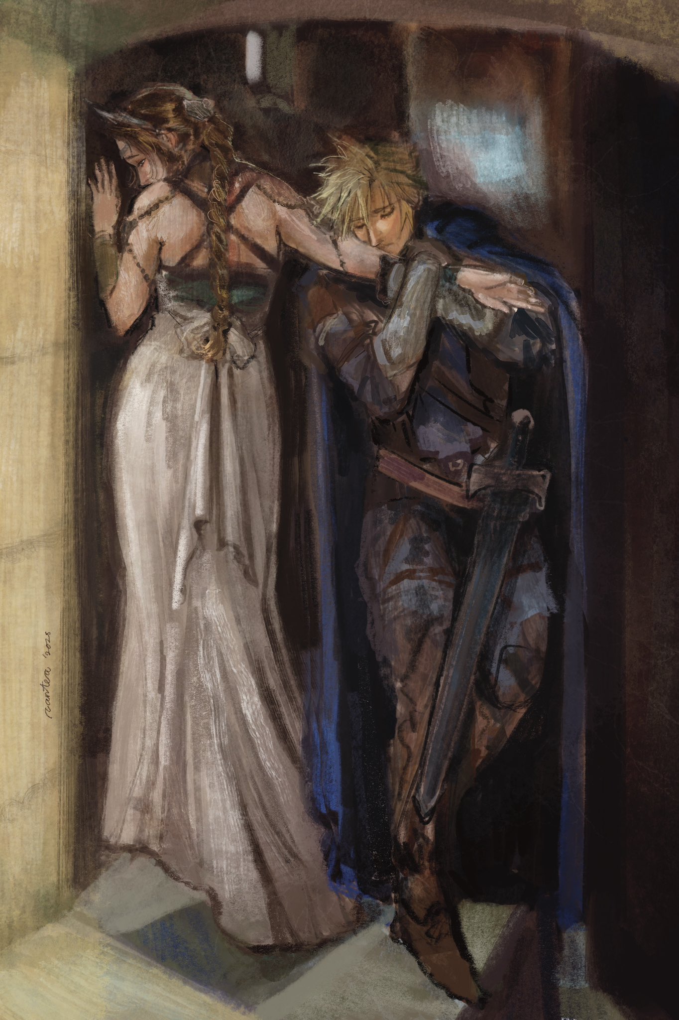 canteatea, aerith gainsborough, aerith gainsborough (loveless dress), cloud strife, cloud strife (alphreid costume), final fantasy, final fantasy vii, final fantasy vii rebirth, final fantasy vii remake, commentary, derivative work, english commentary, highres, 1boy, 1girl, armor, back bow, black pants, blonde hair, blue cloak, boots, bow, braid, braided ponytail, brown boots, brown hair, chest harness, circlet, cloak, closed eyes, couple, crown, dress, full body, hair between eyes, harness, hetero, holding another's arm, leather armor, long dress, long hair, official alternate costume, pants, parted bangs, princess rosa costume, short hair, single braid, spiked hair, stairs, sword, vambraces, weapon, white dress