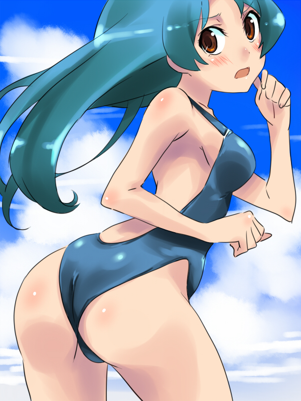 mas (5734ghji), ass, blush, brown eyes, green hair, long hair, looking back, one-piece swimsuit, solo, swimsuit