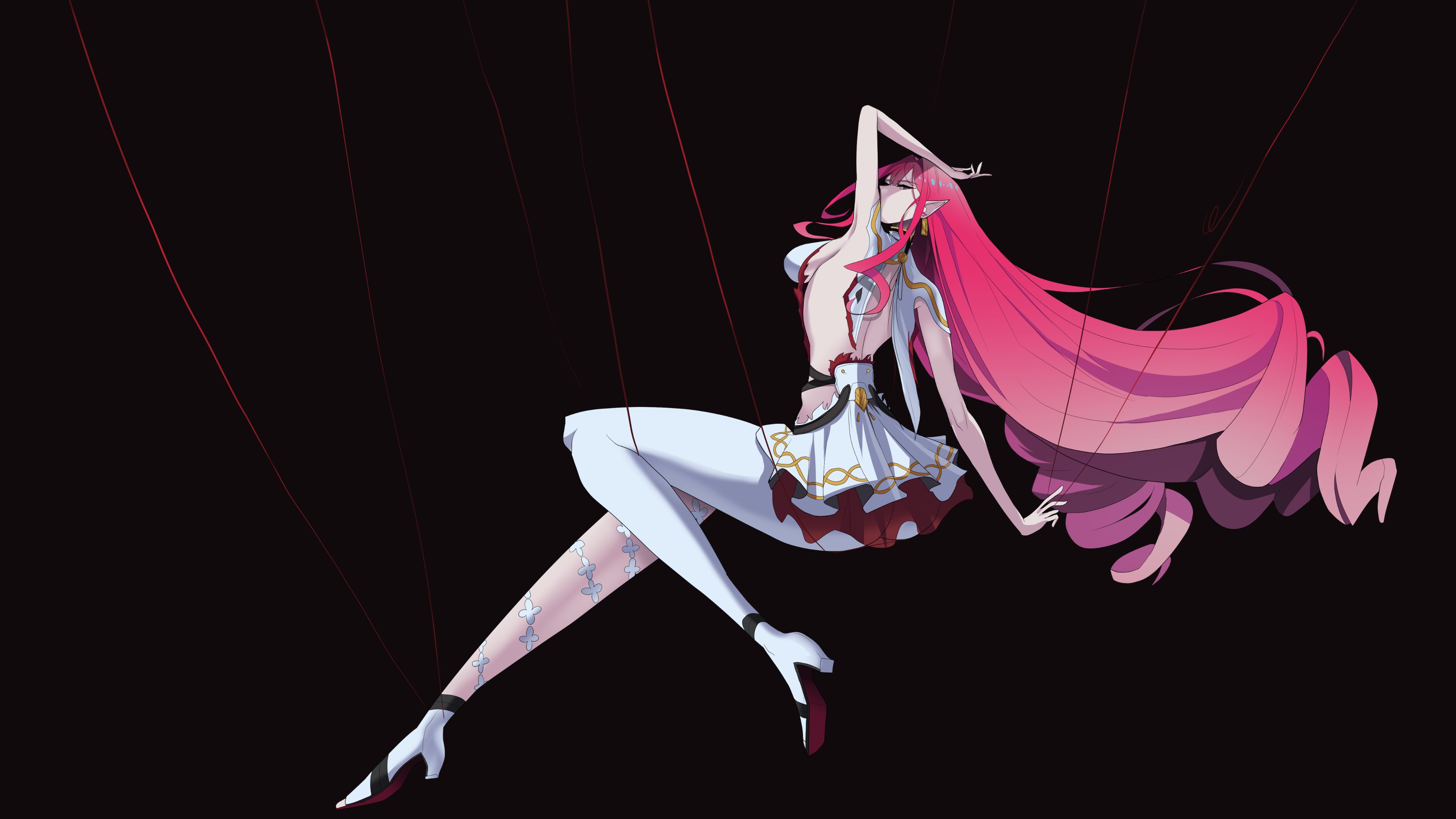 tyreseldraws, baobhan sith (fate), camellya (wuthering waves), fate/grand order, fate (series), absurdres, commentary, english commentary, highres, 1girl, backless outfit, breasts, camellya (wuthering waves) (cosplay), cosplay, earrings, from side, high heels, jewelry, large breasts, long hair, looking at viewer, pleated skirt, red hair, skirt, solo, string, very long hair, white skirt