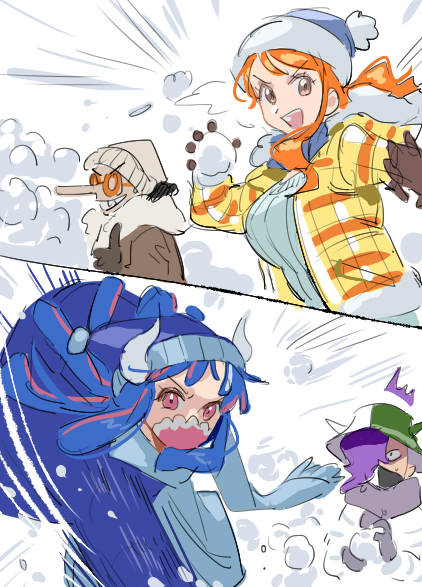 raine (acke2445), nami (one piece), page one (one piece), ulti (one piece), usopp, one piece, commentary, symbol-only commentary, 2boys, 2girls, blue coat, blue hair, blue hat, blue scarf, blue sweater, breasts, brother and sister, brown coat, brown eyes, brown gloves, coat, emphasis lines, fur-trimmed headwear, fur trim, glasses, gloves, grey hat, grey scarf, grin, hat, hood, hood down, hooded jacket, horns, jacket, large breasts, long hair, long nose, mask, mouth mask, multiple boys, multiple girls, open clothes, open jacket, open mouth, orange hair, pink eyes, purple hair, santa hat, scarf, siblings, smile, snow, snowball, snowball fight, sweater, upper body, winter clothes, yellow jacket