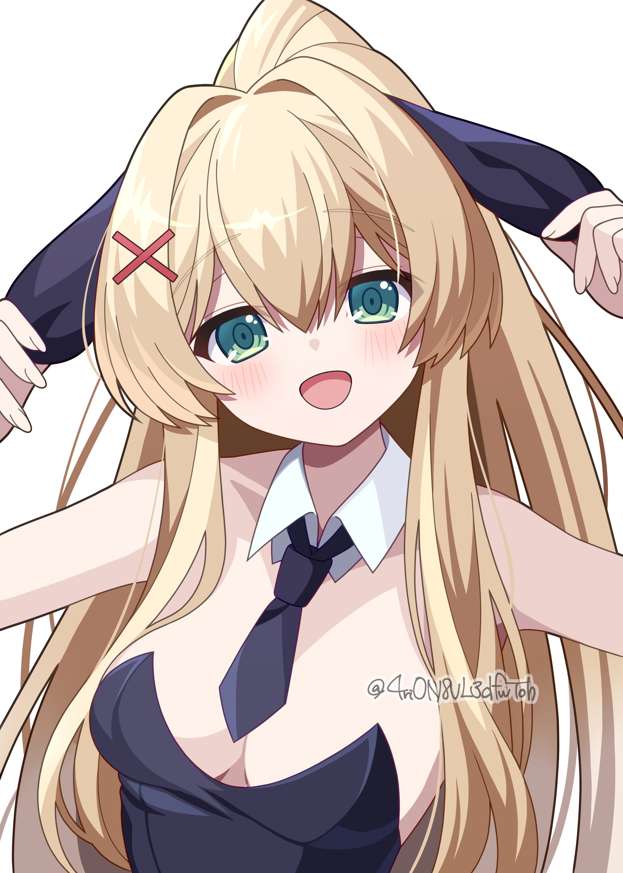 4rion, tsumugi wenders, summer pockets, absurdres, commentary, highres, 1girl, :d, alternate costume, alternate hairstyle, animal ears, bare shoulders, black leotard, black necktie, blonde hair, blush, breasts, detached collar, fake animal ears, green eyes, hair between eyes, hair intakes, hair ornament, hands up, happy, leotard, long hair, looking at viewer, medium breasts, necktie, open mouth, playboy bunny, ponytail, rabbit ears, short necktie, sidelocks, simple background, smile, solo, straight hair, strapless, strapless leotard, twitter username, upper body, very long hair, white background, x hair ornament