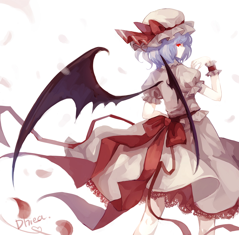 dhiea, remilia scarlet, touhou, bad id, bad pixiv id, 1girl, bat wings, blue hair, female focus, from behind, hat, looking back, red eyes, short hair, solo, standing, wings, wrist cuffs