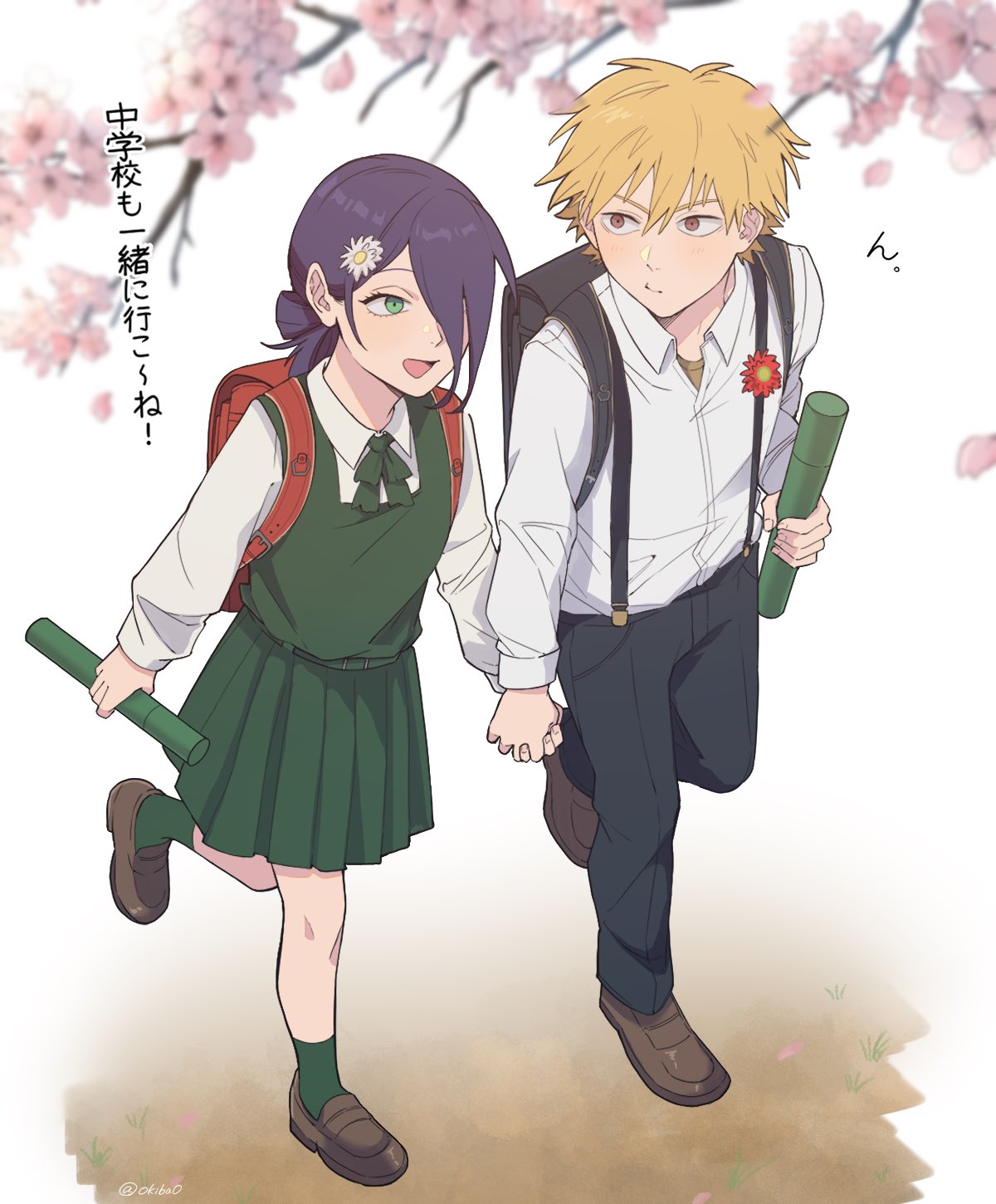 denji (chainsaw man), reze (chainsaw man), chainsaw man, commentary request, highres, 1boy, 1girl, backpack, bag, black bag, black pants, blonde hair, brown shoes, cherry blossoms, collared shirt, couple, dress, falling petals, flower, full body, green dress, green eyes, green ribbon, green socks, hair between eyes, hair bun, hair flower, hair ornament, hair over one eye, hetero, holding hands, light blush, loafers, looking at another, neck ribbon, official alternate costume, okiba0, open mouth, pants, petals, pinafore dress, pink flower, pink petals, purple hair, red bag, red eyes, red flower, ribbon, school uniform, shirt, shirt under dress, shoes, sleeveless, sleeveless dress, smile, socks, suspenders, updo, white flower, white shirt
