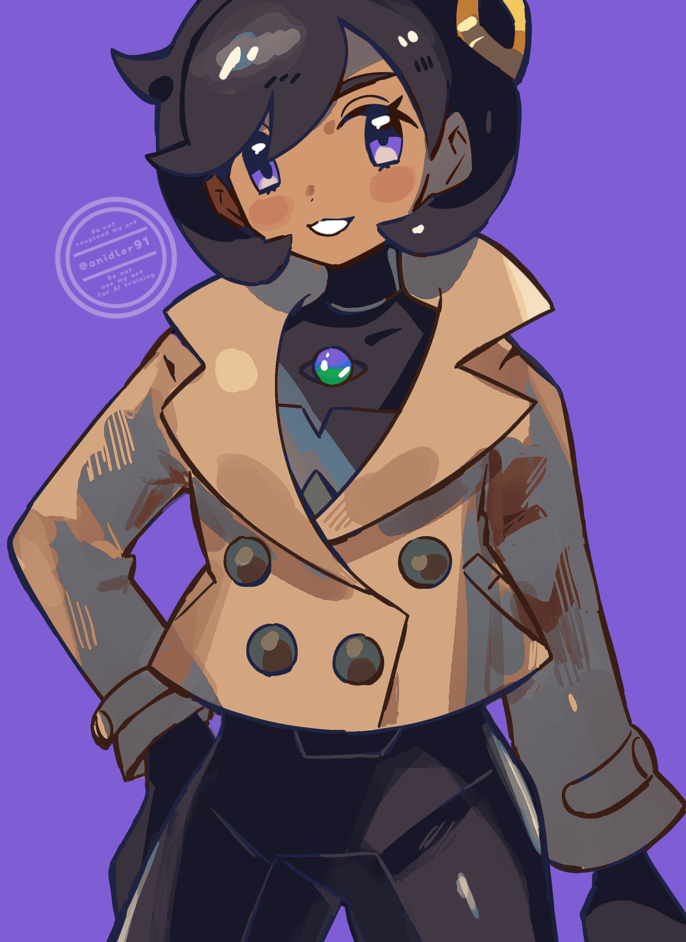 anidler91, emma (pokemon), nintendo, pokemon, pokemon legends: z-a, commentary request, highres, 1girl, black bodysuit, blush, bodysuit, brown jacket, hair ornament, hairclip, jacket, mega stone, purple background, purple eyes, short hair, smile, solo, watermark