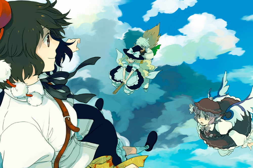 emu (losspass), buront, elvaan, kirisame marisa, mystia lorelei, shameimaru aya, final fantasy, final fantasy xi, the iron of yin and yang, touhou, silver hair, 00s, 1boy, 3girls, animal ears, blonde hair, braid, broom, broom riding, brown eyes, brown hair, cloud, crossover, day, elf, hat, multiple girls, pink hair, pointy ears, short hair, sky, tokin hat, wings, witch, witch hat, yellow eyes