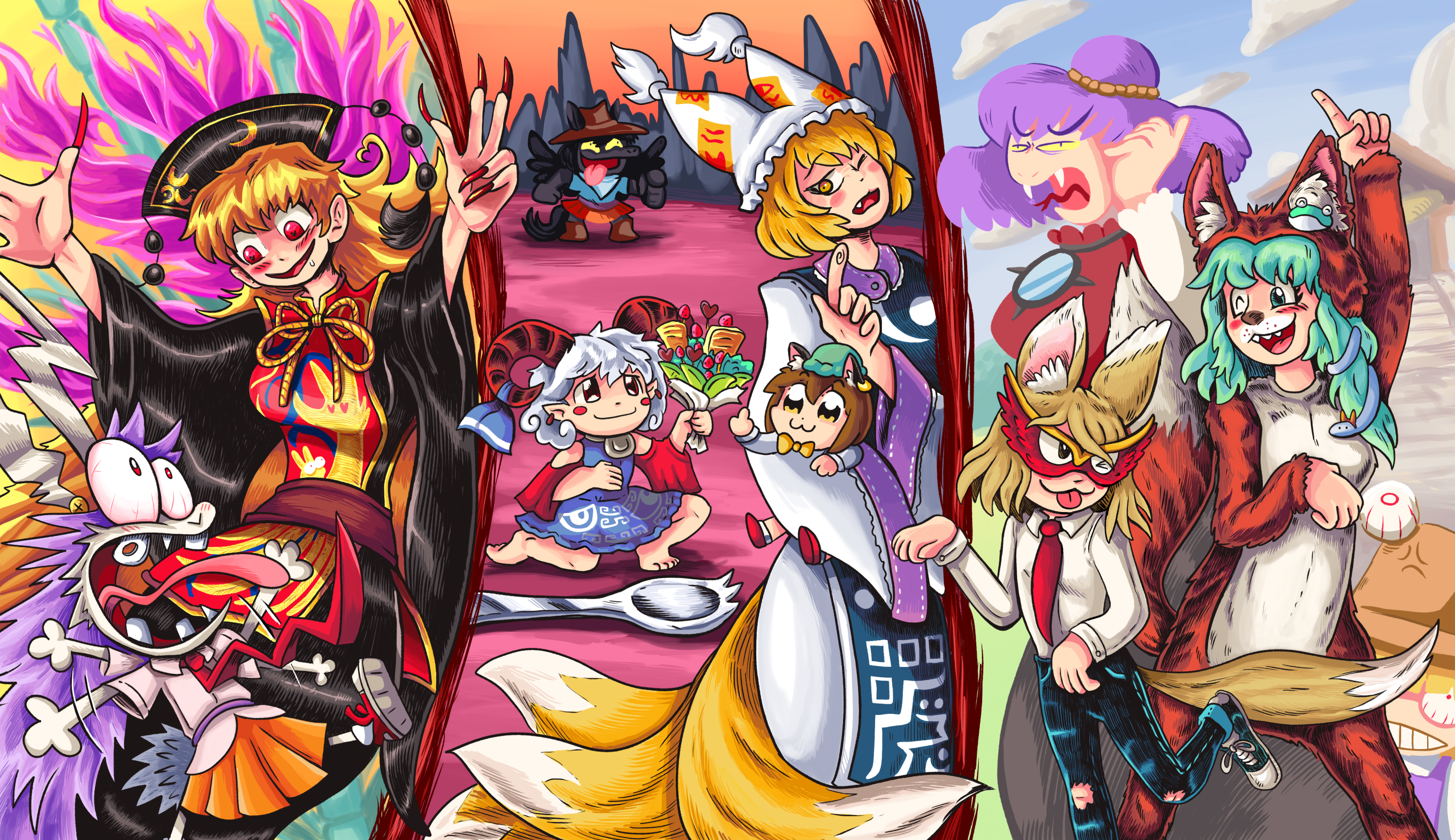 panchamon, junko (touhou), kochiya sanae, kudamaki tsukasa, kurokoma saki, moriya suwako, pyonta, reisen udongein inaba, toutetsu yuuma, yakumo ran, yasaka kanako, courage the cowardly dog, touhou, character request, commentary, english commentary, highres, 6+girls, animal costume, animal ears, bkub (style), blazer, chinese clothes, crescent, crescent print, dalachi (headdress), denim, dress, earth (ornament), energy, fox ears, fox girl, fox tail, frog, frog hair ornament, green hair, hair ornament, hair tubes, jacket, jeans, middle finger, moon (ornament), multiple girls, necktie, nontraditional miko, pants, parody, phoenix print, pink skirt, purple hair, rabbit ears, rabbit girl, rabbit tail, red eyes, red necktie, red tabard, scared, shoes, single hair tube, skirt, snake, snake hair ornament, sneakers, style parody, tabard, tail, torn clothes, torn jeans, torn pants