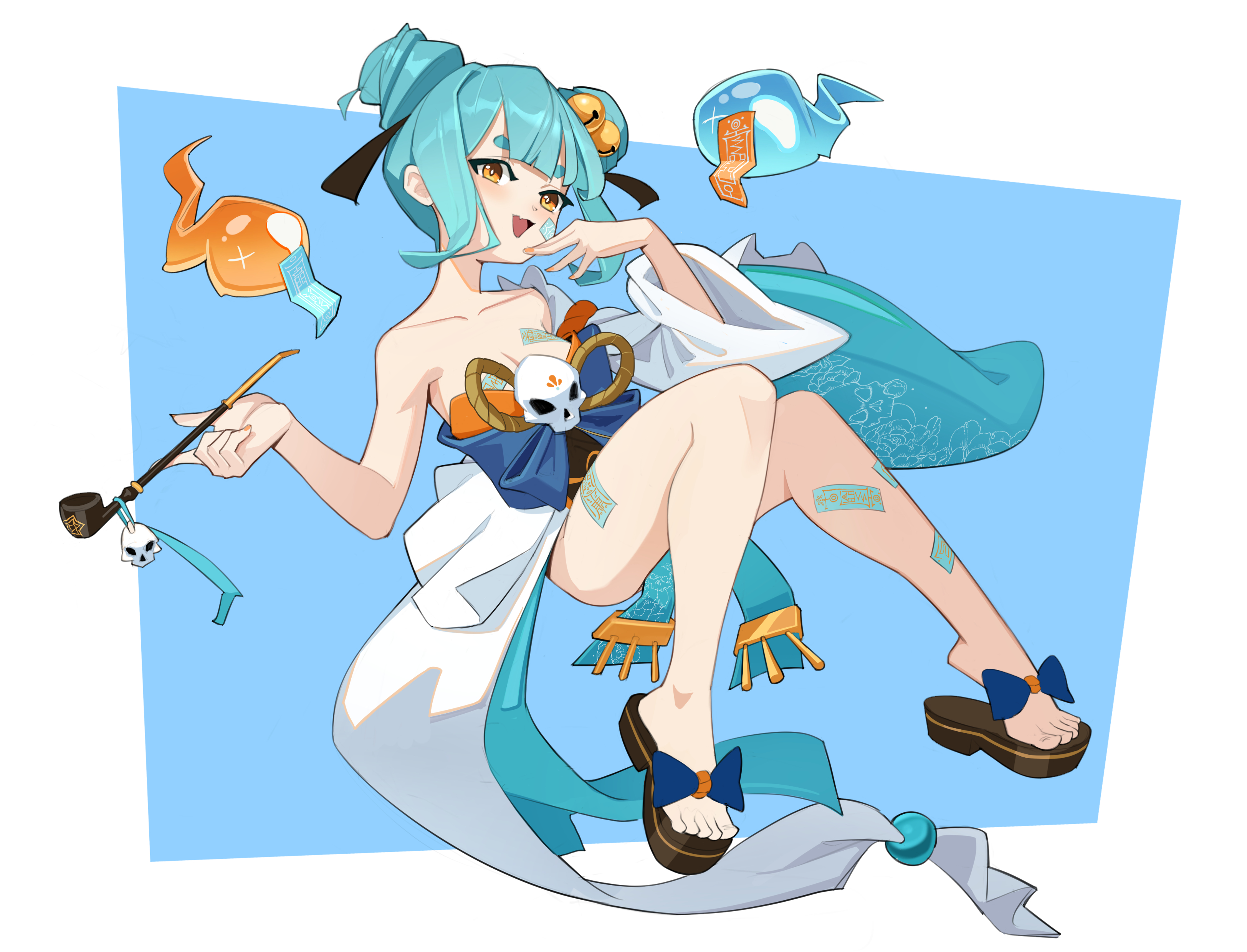 rumbee, inami yoki, indie virtual youtuber, absurdres, highres, 1girl, aqua hair, bell, breasts, cleavage, collarbone, double bun, fang, full body, hair bell, hair bun, hair ornament, hands up, japanese clothes, looking at viewer, open mouth, petite, sash, short hair, simple background, skin fang, small breasts, solo, talisman, thick eyebrows, virtual youtuber, yellow eyes