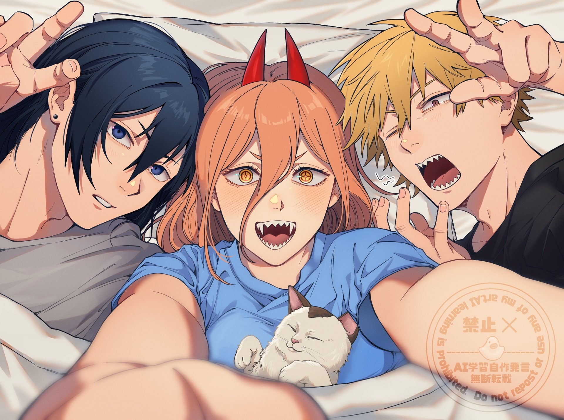 denji (chainsaw man), hayakawa aki, meowy (chainsaw man), power (chainsaw man), chainsaw man, commentary request, highres, 1girl, 2boys, animal, bed sheet, black hair, black shirt, blonde hair, blue eyes, blue shirt, breasts, brown eyes, cat, cross-shaped pupils, demon girl, earrings, grey shirt, hair between eyes, holding, holding animal, holding cat, horns, jewelry, light blush, long hair, looking at viewer, medium breasts, medium hair, multiple boys, okiba0, open mouth, parted lips, red horns, sharp teeth, shirt, short hair, short sleeves, smile, stud earrings, symbol-shaped pupils, t-shirt, teeth, under covers, upper body, v, yellow eyes