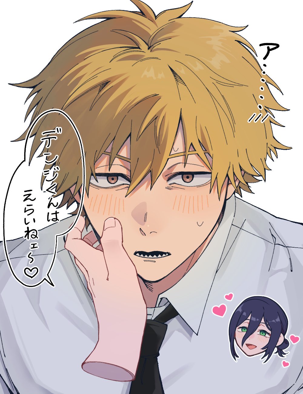 denji (chainsaw man), reze (chainsaw man), chainsaw man, commentary request, highres, 1boy, 1girl, black necktie, blonde hair, blue hair, blush, brown eyes, chibi, chibi inset, collared shirt, cropped head, disembodied hand, green eyes, hair between eyes, hair bun, hand on another's cheek, hand on another's face, hetero, medium hair, necktie, okiba0, open mouth, parted lips, sharp teeth, shirt, short hair, smile, sweatdrop, teeth, updo, upper body, white background, white shirt