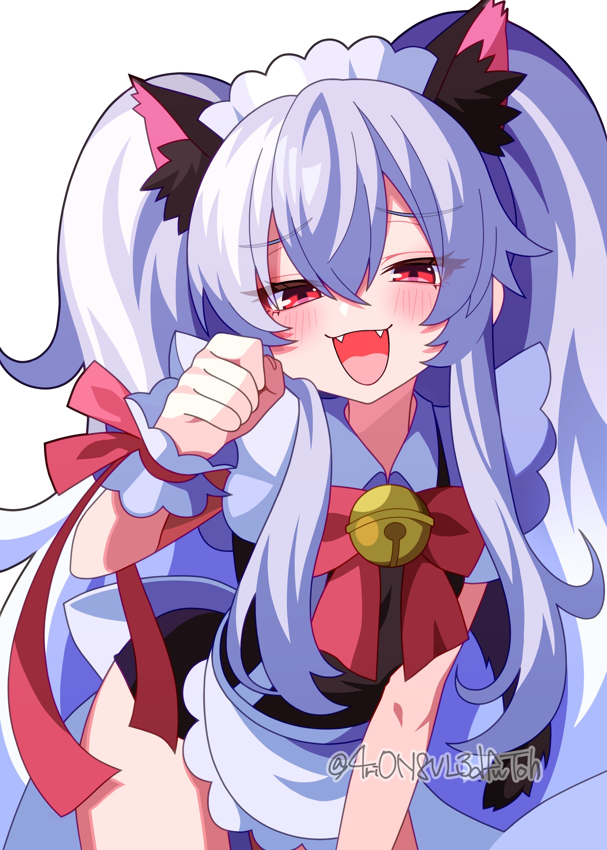 4rion, grim aloe, quiz magic academy, absurdres, commentary, highres, 1girl, :d, alternate costume, animal ear fluff, animal ears, apron, bell, black dress, blush, bow, bowtie, cat ears, cowboy shot, double-parted bangs, dress, enmaided, eyelashes, eyes visible through hair, fangs, frilled apron, frilled wrist cuffs, frills, furrowed brow, grey hair, hair between eyes, hair over shoulder, hand up, jingle bell, leaning forward, long hair, looking at viewer, maid, maid apron, maid headdress, naughty face, neck bell, open mouth, paw pose, red bow, red bowtie, red eyes, red ribbon, ribbon, short dress, sidelocks, simple background, smile, smug, solo, tsurime, twintails, twitter username, very long hair, white apron, white background, wrist cuffs