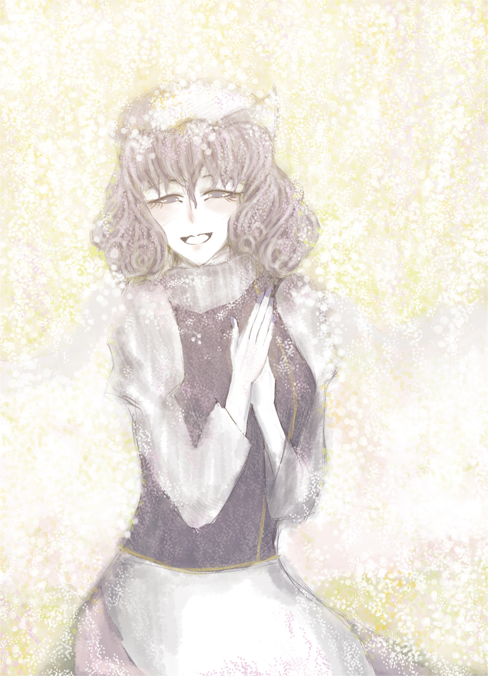 ryokosan, letty whiterock, touhou, bad id, bad pixiv id, highres, 1girl, :d, ^ ^, apron, blue dress, closed eyes, cowboy shot, dress, female focus, long sleeves, open mouth, own hands together, short hair, smile, solo, waist apron, wavy hair