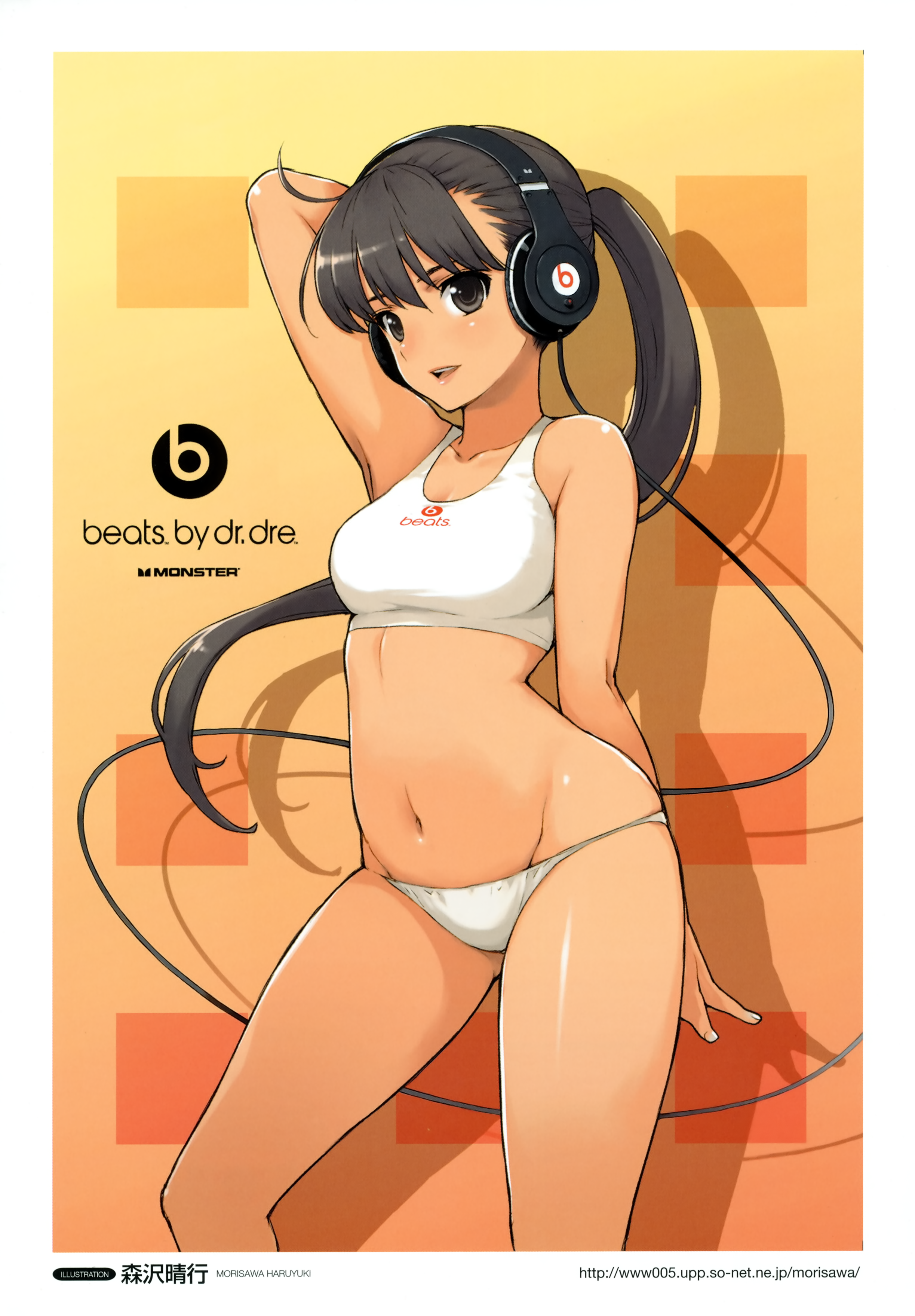 morisawa haruyuki, original, absurdres, highres, 1girl, beats, beats by dr. dre, breasts, brown hair, female focus, groin, headphones, long hair, lowleg, lowleg panties, open mouth, panties, ponytail, smile, solo, sports bra, tank top, underwear, underwear only
