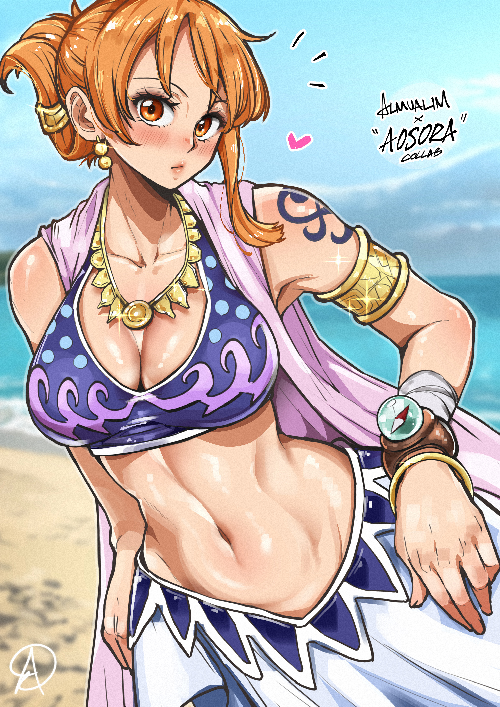 almualim, aosora2823, nami (one piece), one piece, gold armlet, absurdres, artist collaboration, commentary, english commentary, highres, 1girl, arabian clothes, armlet, armpit peek, artist name, bangle, bare shoulders, beach, blue sky, blurry, blurry background, blush, bracelet, breasts, cleavage, closed mouth, collarbone, cowboy shot, crop top, day, earrings, glint, gold bracelet, gold earrings, gold necklace, hair up, hand on own hip, harem outfit, heart, jewelry, large breasts, lipgloss, lips, log pose, looking at viewer, midriff, navel, necklace, notice lines, ocean, official alternate costume, official alternate hairstyle, orange eyes, orange hair, outdoors, pink lips, sand, short hair, shoulder tattoo, signature, single sidelock, skirt, sky, solo, tattoo, white skirt