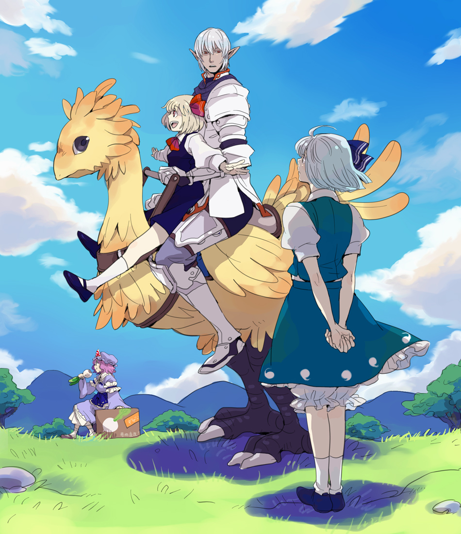 emu (losspass), buront, chocobo, elvaan, konpaku youmu, rumia, saigyouji yuyuko, final fantasy, final fantasy xi, shoot the bullet, the iron of yin and yang, touhou, silver hair, 00s, 1boy, 3girls, arms behind back, blonde hair, bloomers, crossover, eating, elf, hair ribbon, hairband, hat, multiple girls, pink hair, pointy ears, red eyes, ribbon, shoes, short hair, sky, underwear