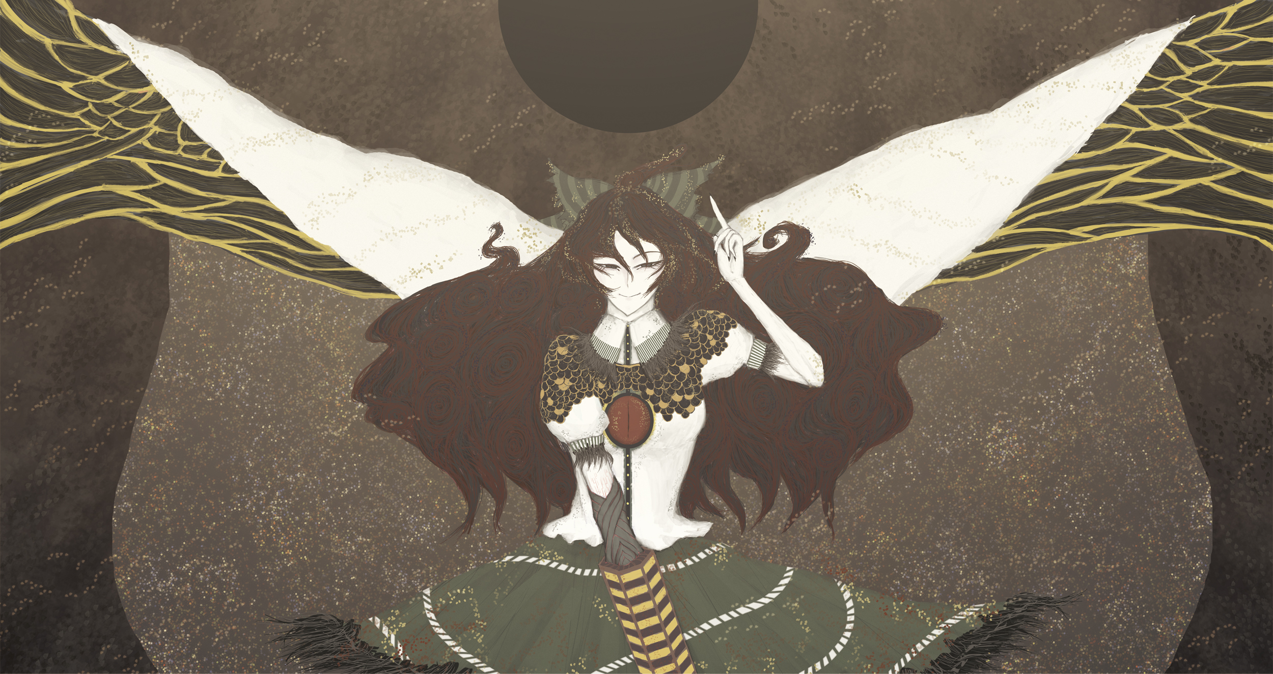 ryokosan, reiuji utsuho, touhou, highres, 1girl, arm cannon, female focus, pointing, skirt, solo, weapon, wings