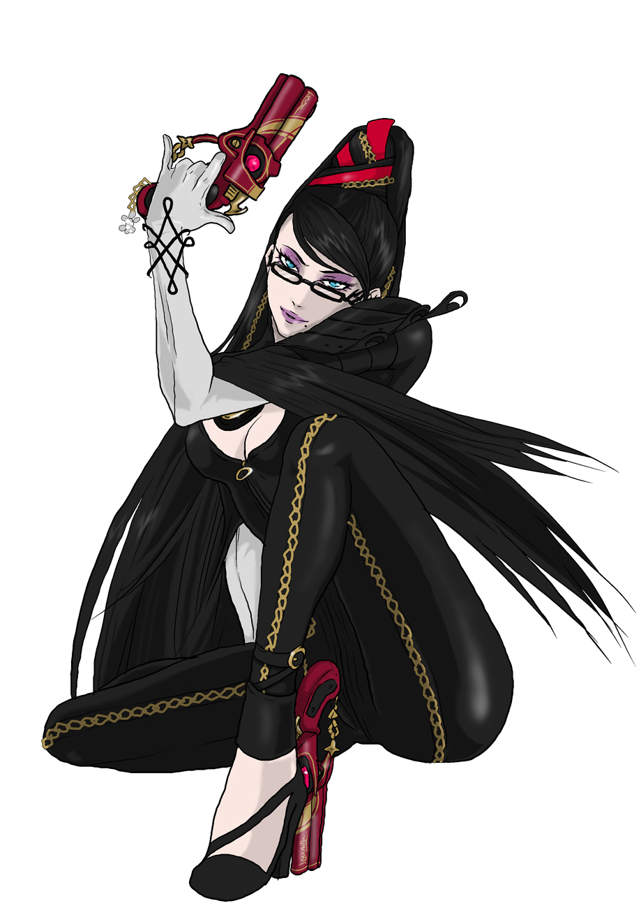 eerika, erica (omega-aster), bayonetta, bayonetta (series), bayonetta 1, highres, 1girl, breasts, cleavage, dual wielding, eyeshadow, female focus, full body, glasses, gun, high heels, holding, long hair, makeup, medium breasts, mole, mole under mouth, shoes, simple background, solo, weapon, white background