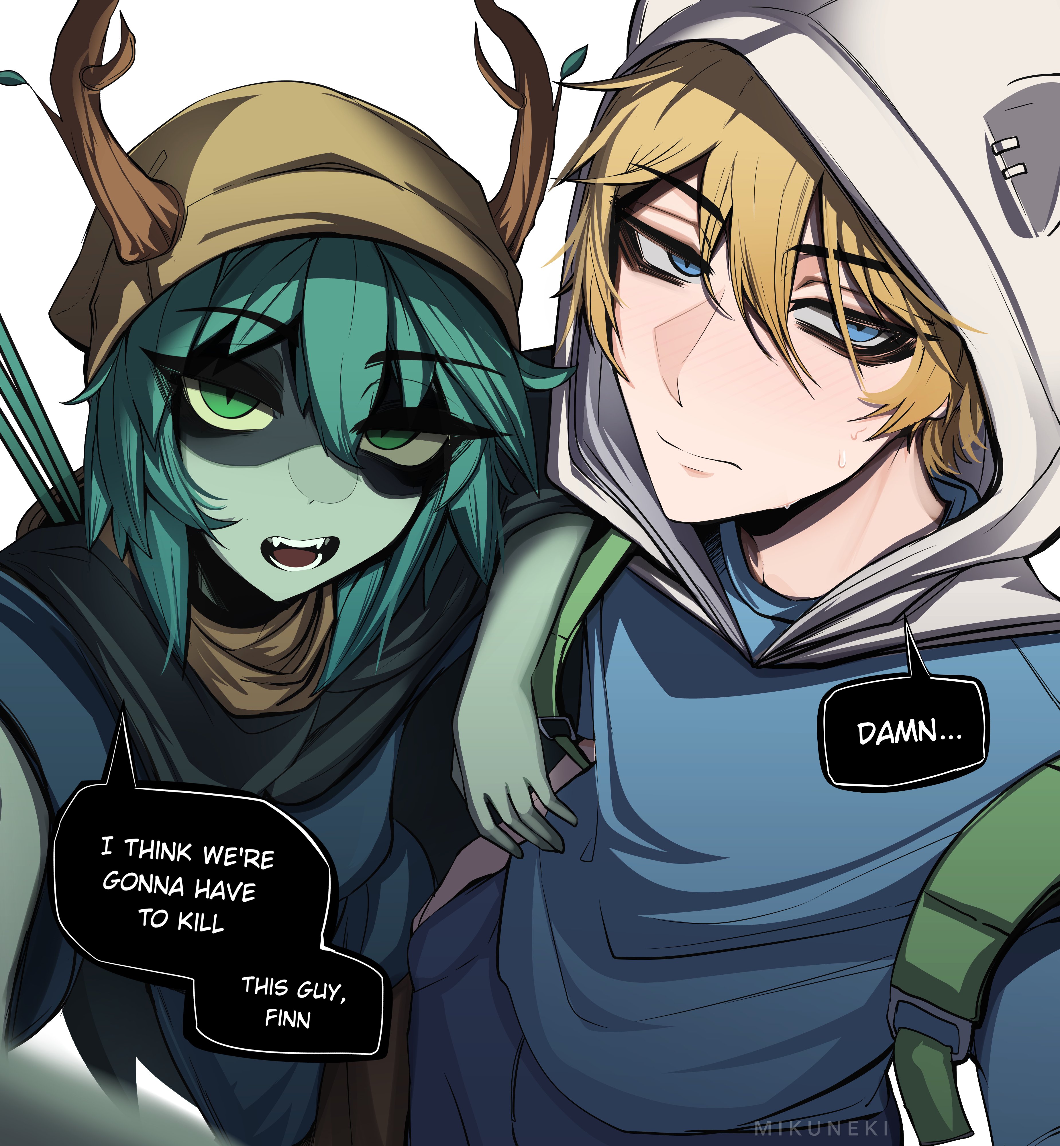 mikuneki, finn the human, huntress wizard, adventure time, absurdres, commentary, english commentary, highres, 1boy, 1girl, arrow (projectile), blonde hair, blue eyes, blue skirt, branch, closed mouth, green bag, green eyes, green hair, hat, i think we're gonna have to kill this guy steven (meme), looking at viewer, meme, open mouth, scarf, skirt, speech bubble, teeth, white hat