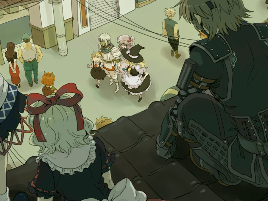 emu (losspass), buront, elvaan, kirisame marisa, kitanai ninja, medicine melancholy, mizuhashi parsee, patchouli knowledge, rumia, embodiment of scarlet devil, final fantasy, final fantasy xi, shoot the bullet, the iron of yin and yang, touhou, silver hair, 00s, 4boys, 6+girls, blonde hair, braid, elf, hair ribbon, hat, kasamatsu nobuo, long hair, multiple boys, multiple girls, pointy ears, purple hair, red eyes, ribbon, short hair, witch, witch hat