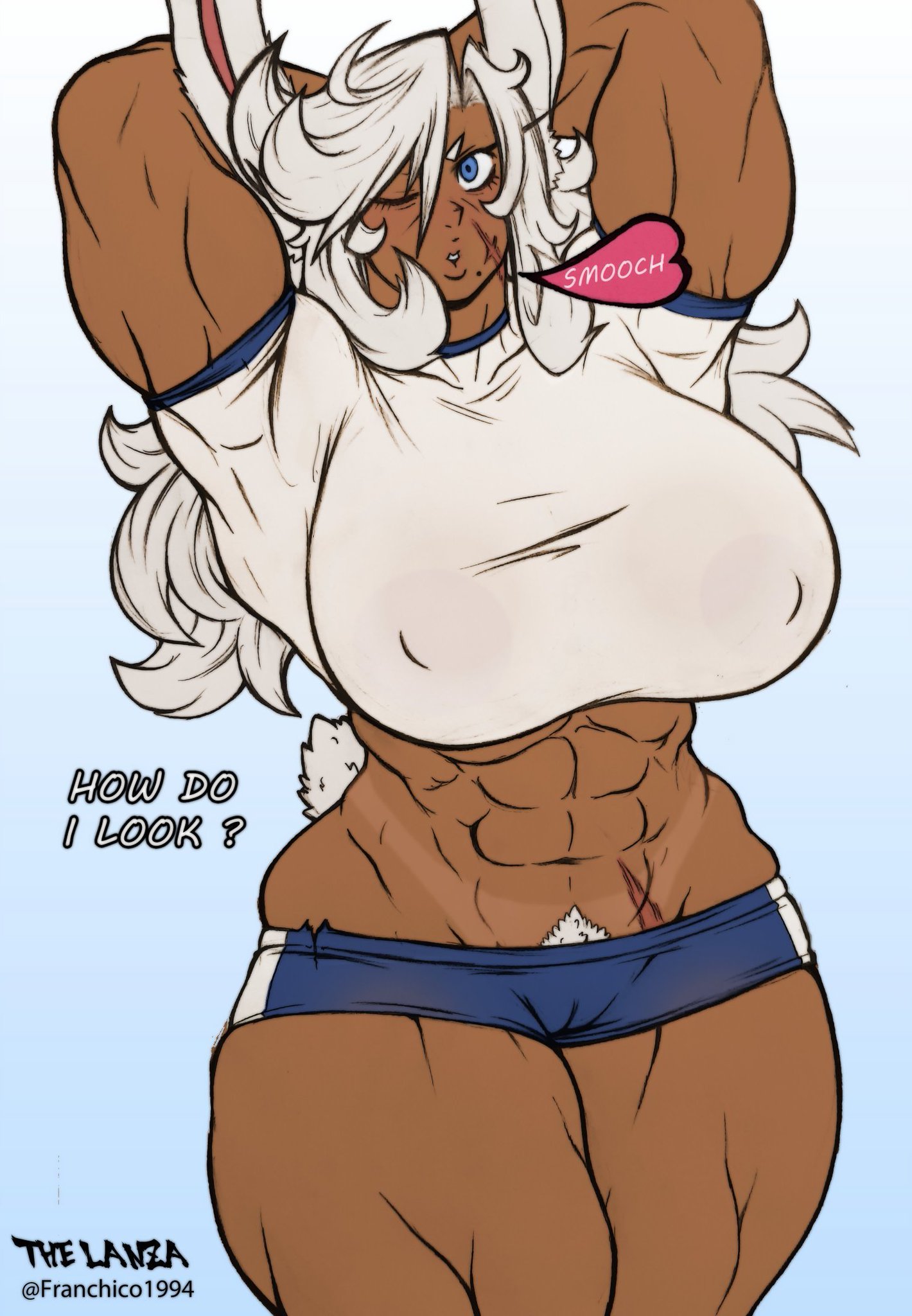 franchico1994, usagiyama romi (franchico1994), boku no hero academia, original, highres, 1girl, abs, animal ears, breasts, huge breasts, mature female, rabbit ears, rabbit girl, rabbit tail, scar, solo focus, tail