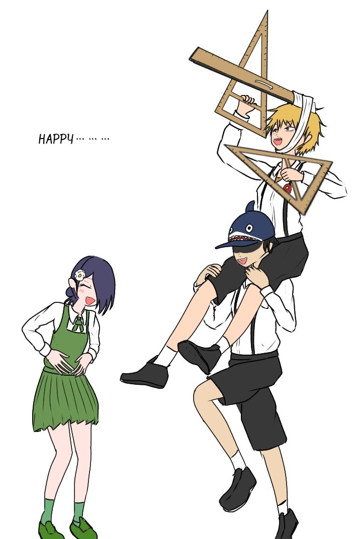 beam (chainsaw man), denji (chainsaw man), reze (chainsaw man), chainsaw man, 1girl, 2boys, alternate costume, baseball cap, black shoes, black shorts, blonde hair, blue hair, blush, carrying, closed eyes, collared shirt, dress, flower, full body, green dress, green shirt, green socks, hair bun, hair flower, hair ornament, hair over one eye, hands on own stomach, happy tears, hat, laughing, medium hair, multiple boys, official alternate costume, open mouth, partially shaded face, piggyback, pinafore dress, red flower, school uniform, set square, shark boy, shark hat, sharp teeth, shirt, shirt under dress, shoes, short hair, shorts, sleeveless, sleeveless dress, smile, socks, suspenders, tears, teeth, tikuwabunoakuma, updo, white background, white flower, white shirt, white socks