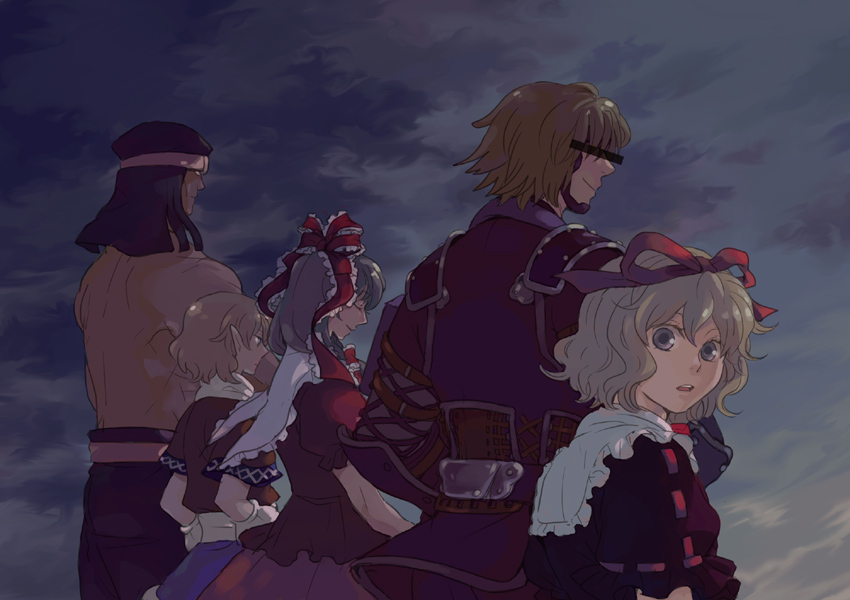 emu (losspass), jin fu-ha, kagiyama hina, kitanai ninja, medicine melancholy, mizuhashi parsee, final fantasy, final fantasy xi, ryuuko no ken, the iron of yin and yang, touhou, 00s, 2boys, 3girls, arm warmers, blonde hair, crossover, green hair, hair ribbon, hat, kasamatsu nobuo, multiple boys, multiple girls, pointy ears, ribbon, scarf, short hair