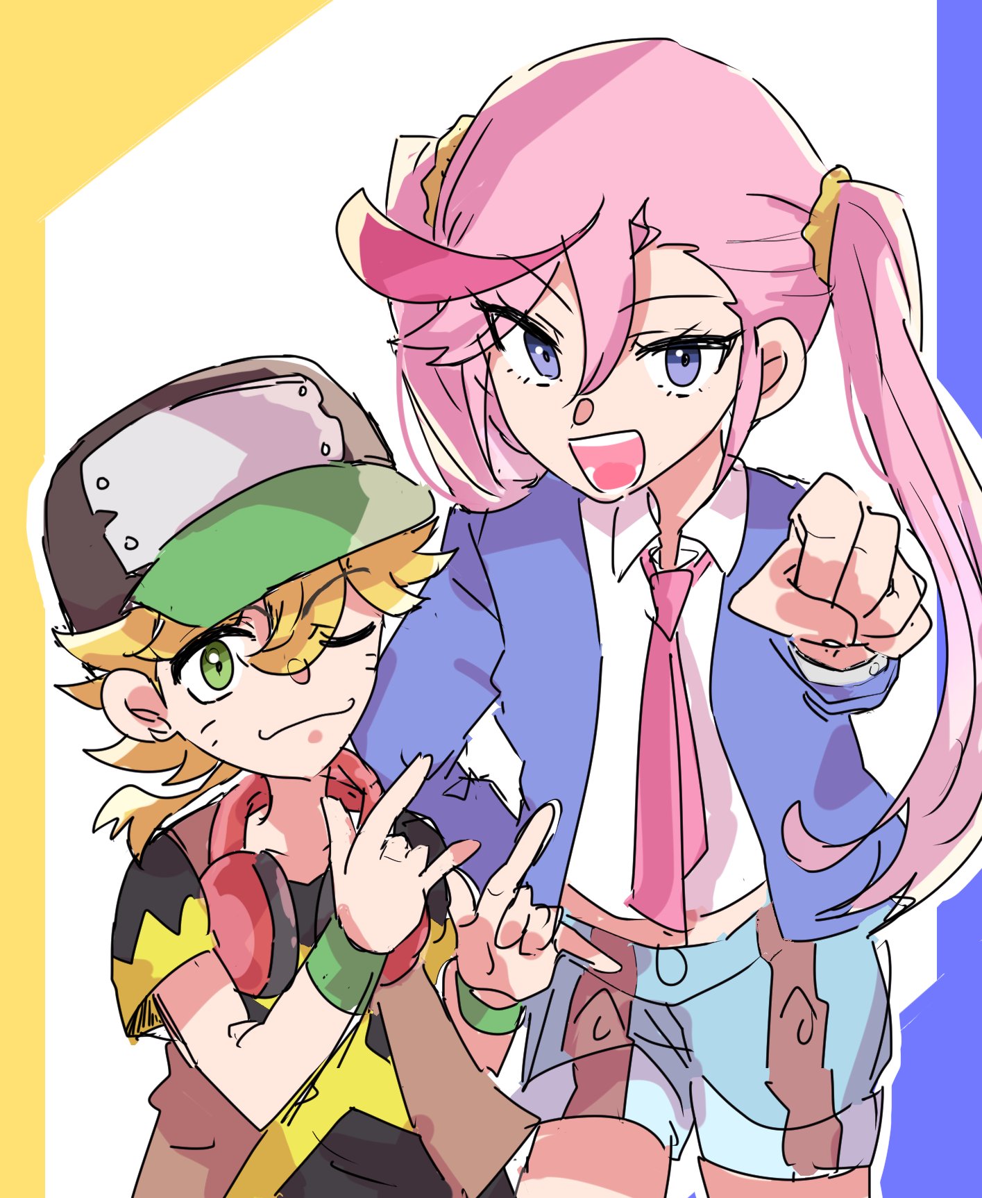 gotm tknr, asuka torajirou, karan eri, digimon, digimon universe: appli monsters, ahoge, long hair, pink hair, purple eyes, twintails