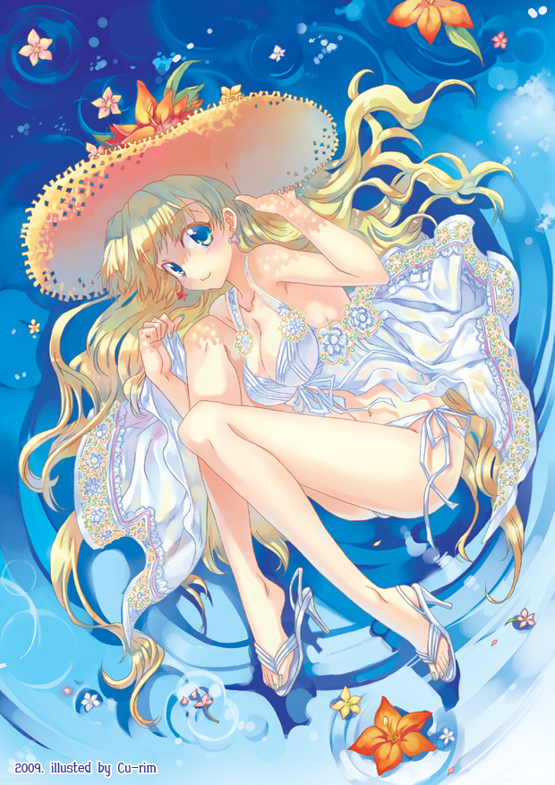 cu-rim, original, bad id, bad pixiv id, 1girl, bikini, blonde hair, blue eyes, blush, feet, female focus, flower, hat, high heel sandals, high heels, legs, long hair, lying, sandals, shoe dangle, shoes, side-tie bikini bottom, solo, swimsuit, water, white heels