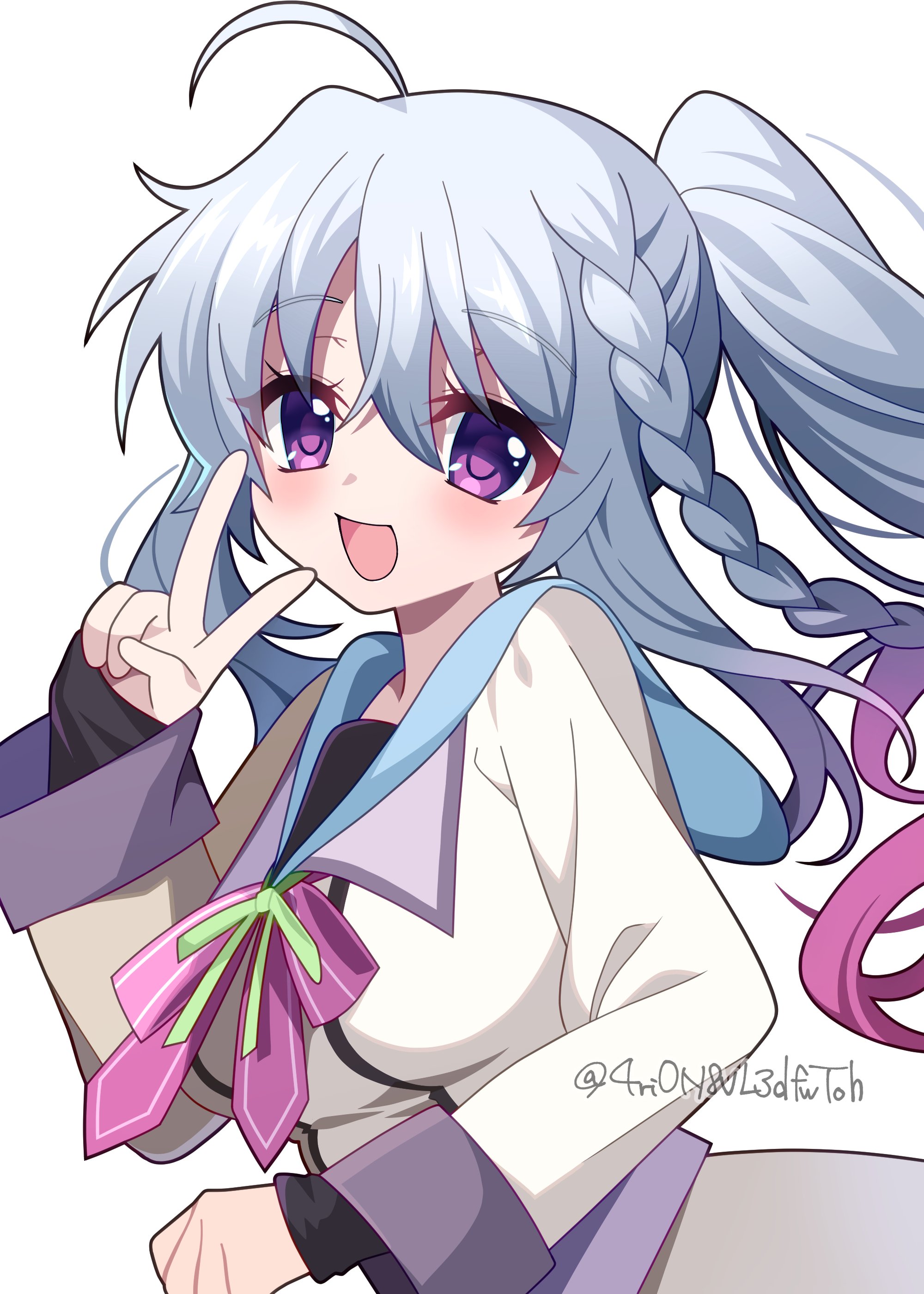 4rion, niimi sora, 9-nine-, absurdres, commentary, highres, 1girl, :d, ahoge, black shirt, blush, bow, bowtie, braid, breasts, dress, eyelashes, eyes visible through hair, floating hair, gradient hair, green ribbon, grey hair, hair between eyes, hakusen academy school uniform, hand up, happy, long hair, long sleeves, looking at viewer, medium breasts, multicolored hair, open mouth, pink bow, pink bowtie, pink hair, purple eyes, ribbon, school uniform, shirt, side ponytail, sidelocks, simple background, single braid, sleeves past wrists, smile, solo, twitter username, upper body, v, white background, white dress, wide sleeves