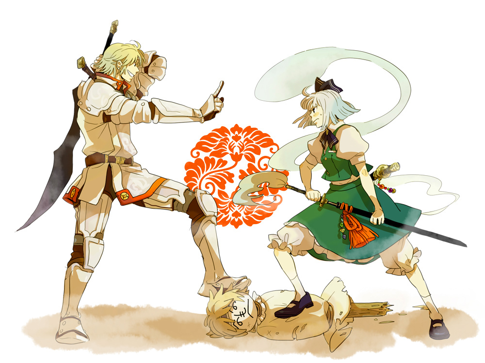 emu (losspass), konpaku youmu, konpaku youmu (ghost), naitou, paladin (final fantasy), final fantasy, final fantasy xi, the iron of yin and yang, touhou, silver hair, 00s, 1boy, 1girl, armor, blonde hair, blue eyes, crossover, ghost, hairband, hitodama, katana, paladin, short hair, sword, weapon