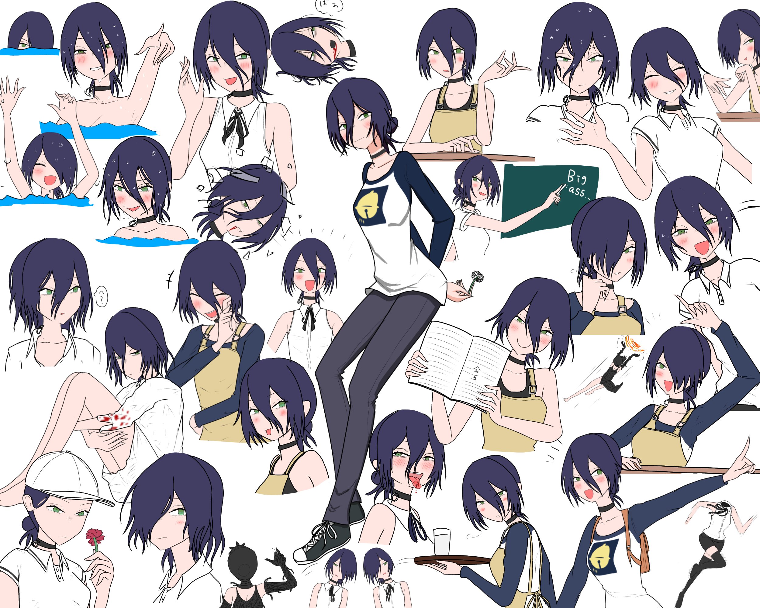 bomb devil (chainsaw man), denji (chainsaw man), reze (chainsaw man), chainsaw man, commentary request, highres, apron, barefoot, baseball cap, black choker, black pants, black shoes, black sleeves, blood, blood from mouth, blue hair, blush, bomb, breasts, chalk, chalkboard, choker, closed eyes, closed mouth, collared shirt, cosplay, cup, denji (chainsaw man) (cosplay), disembodied head, explosive, flower, green eyes, grenade pin, hair between eyes, hair bun, hair over one eye, hat, headless, holding, holding chalk, holding flower, holding notebook, holding plate, hugging own legs, long sleeves, medium breasts, medium hair, multiple views, no pants, notebook, nude, open mouth, pants, parted lips, partially submerged, plate, print shirt, red flower, shared clothes, shirt, shoes, short sleeves, sleeveless, sleeveless shirt, smile, sneakers, tikuwabunoakuma, tongue, tongue out, updo, wet, white background, white hair, white shirt, yellow apron