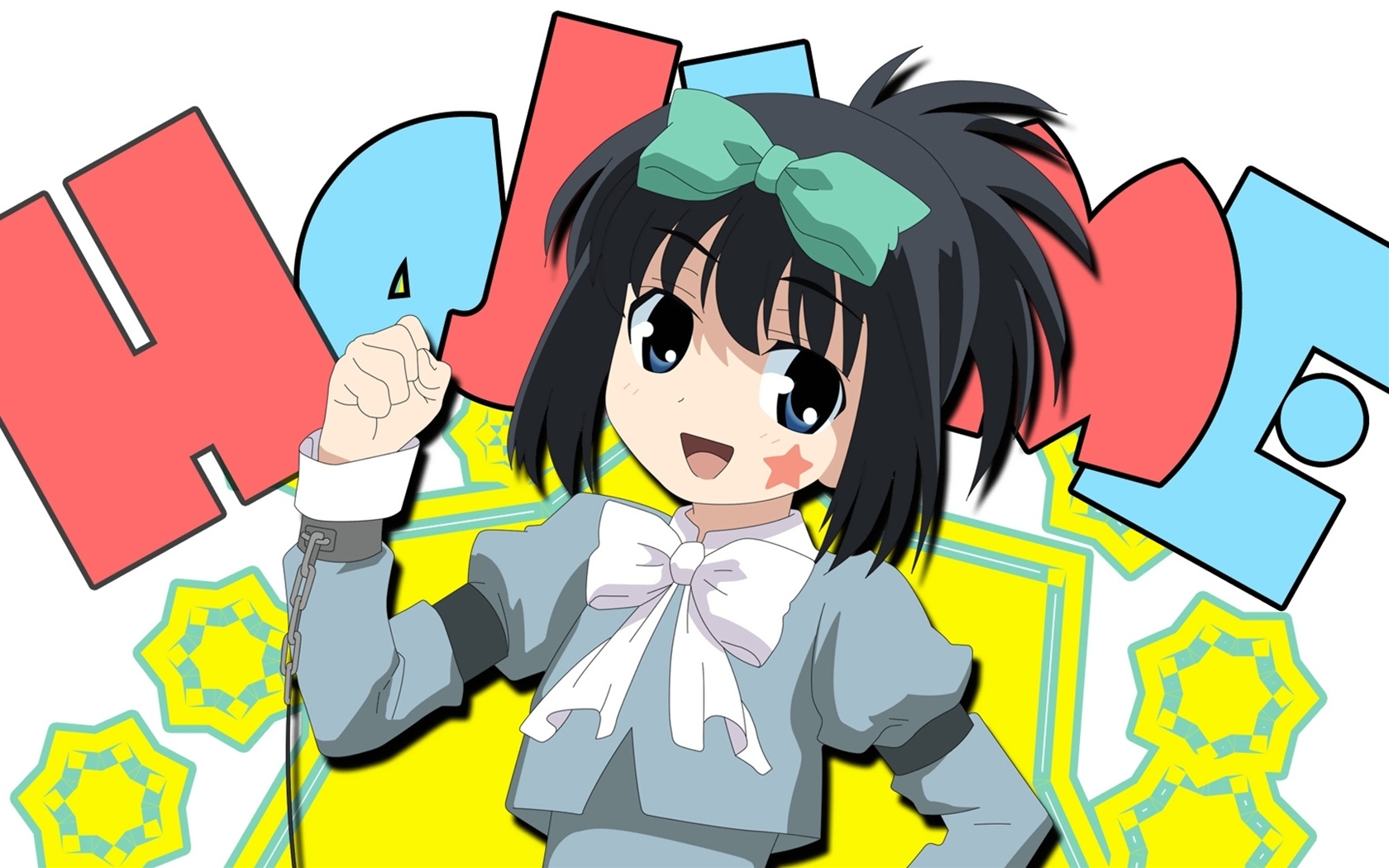 kunihiro hajime, saki (manga), highres, 00s, 1girl, black hair, blue eyes, bow, cuffs, female focus, hair bow, handcuffs, school uniform, solo, star (symbol)