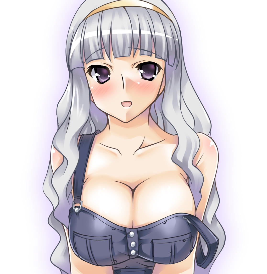 gokubuto mayuge, shijou takane, idolmaster, idolmaster (classic), 00s, 1girl, blush, breasts, cleavage, female focus, huge breasts, naked overalls, overalls, solo, strap slip