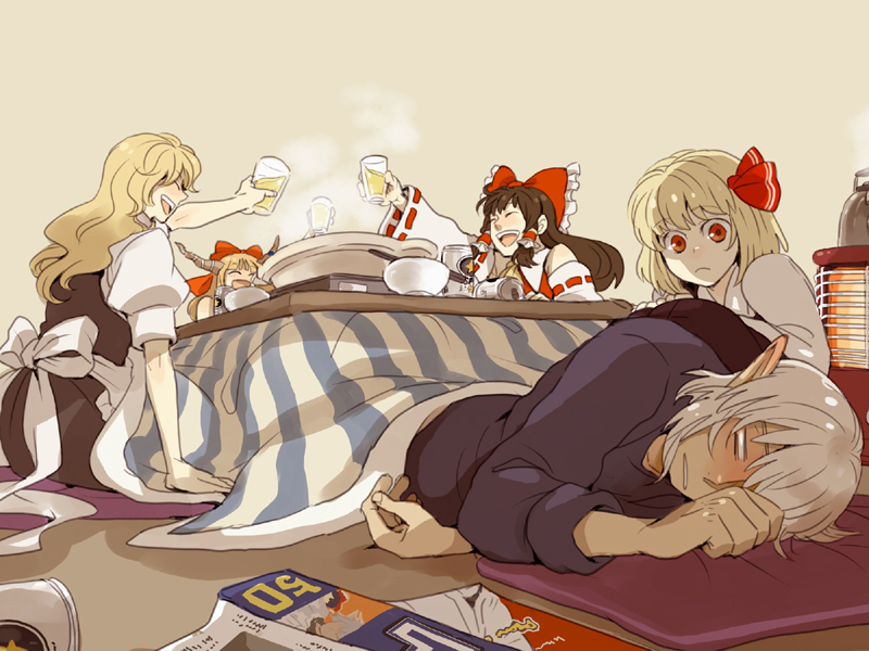 emu (losspass), buront, elvaan, hakurei reimu, ibuki suika, kirisame marisa, rumia, final fantasy, final fantasy xi, shoot the bullet, the iron of yin and yang, touhou, silver hair, 00s, 1boy, 4girls, blonde hair, bow, brown hair, crossover, detached sleeves, elf, hair ribbon, horns, japanese clothes, kotatsu, long hair, miko, multiple girls, pointy ears, red eyes, ribbon, short hair, table