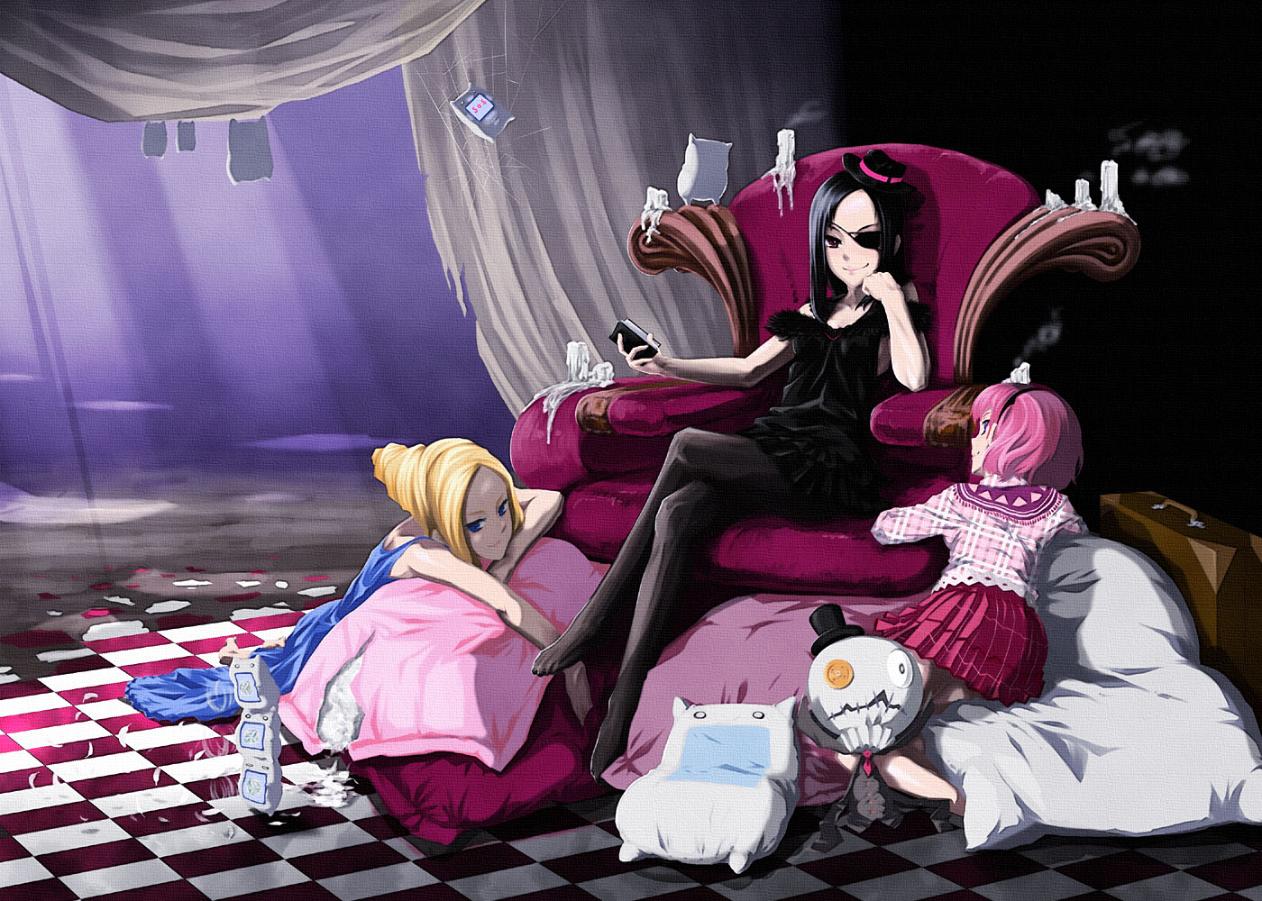 un (le monde-alternatif), original, 3girls, black dress, black hair, blonde hair, blue dress, blue eyes, book, candle, checkered floor, crossed legs, doll, dress, eyepatch, hat, head rest, mini hat, mini top hat, multiple girls, pink hair, pleated skirt, red eyes, sitting, skirt, smile, top hat