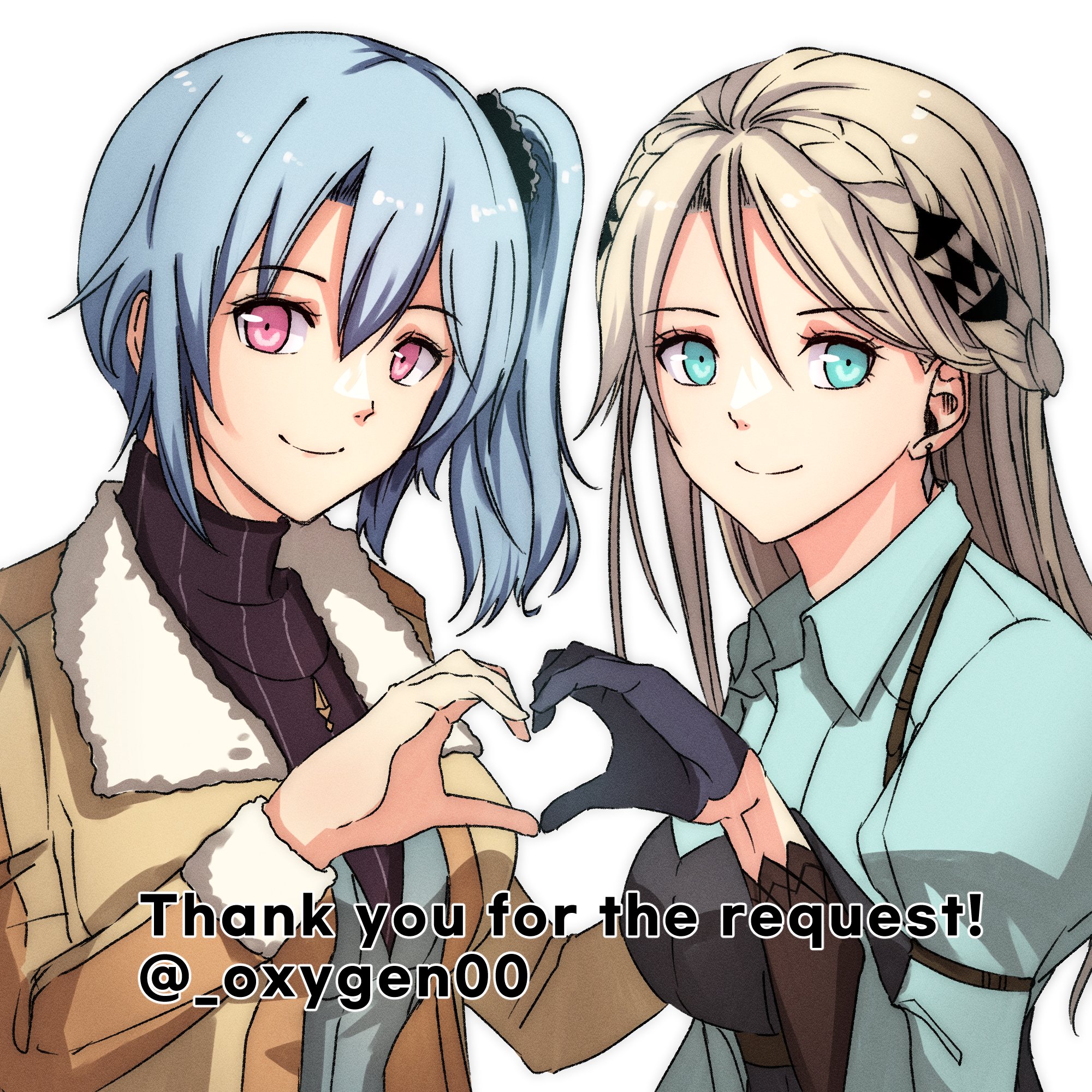 oxygen00, claire rieveldt, elaine auclair, eiyuu densetsu, sen no kiseki (series), commentary, english commentary, highres, 2girls, artist name, blonde hair, blue hair, braid, crown braid, double-parted bangs, green eyes, jacket, light smile, looking at viewer, multiple girls, scrunchie, side ponytail, simple background